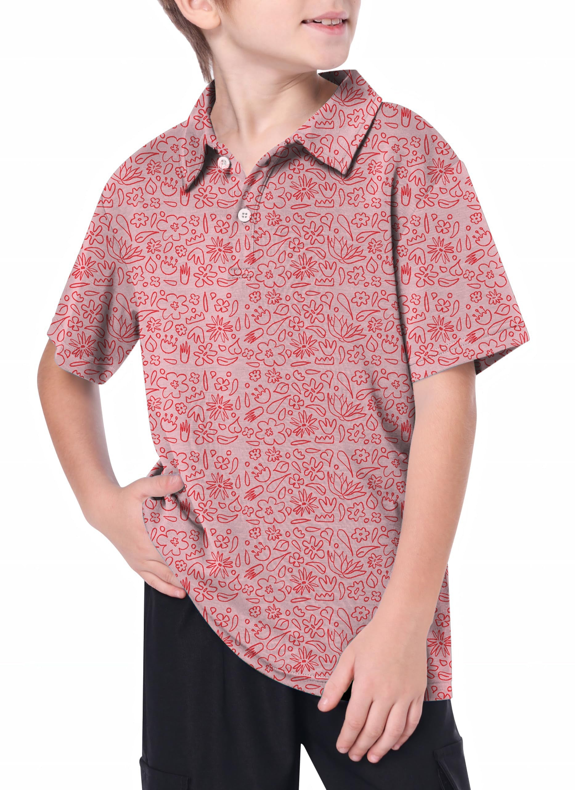 Youth pink flower drawing golf polo shirt with 4-way stretch and moisture-wicking fabric