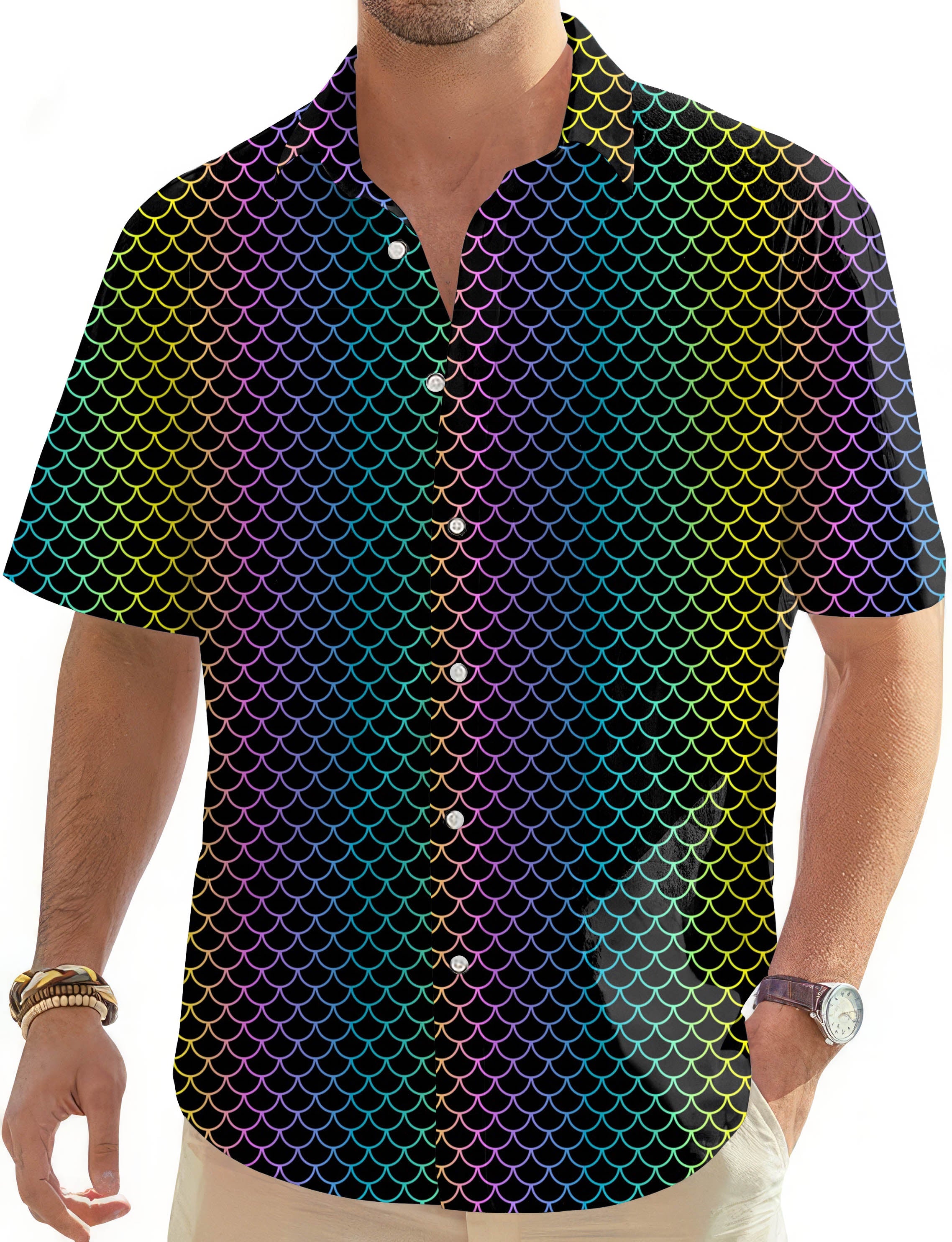 Men's short sleeve fish scale gradient color Hawaiian button down golf shirt
