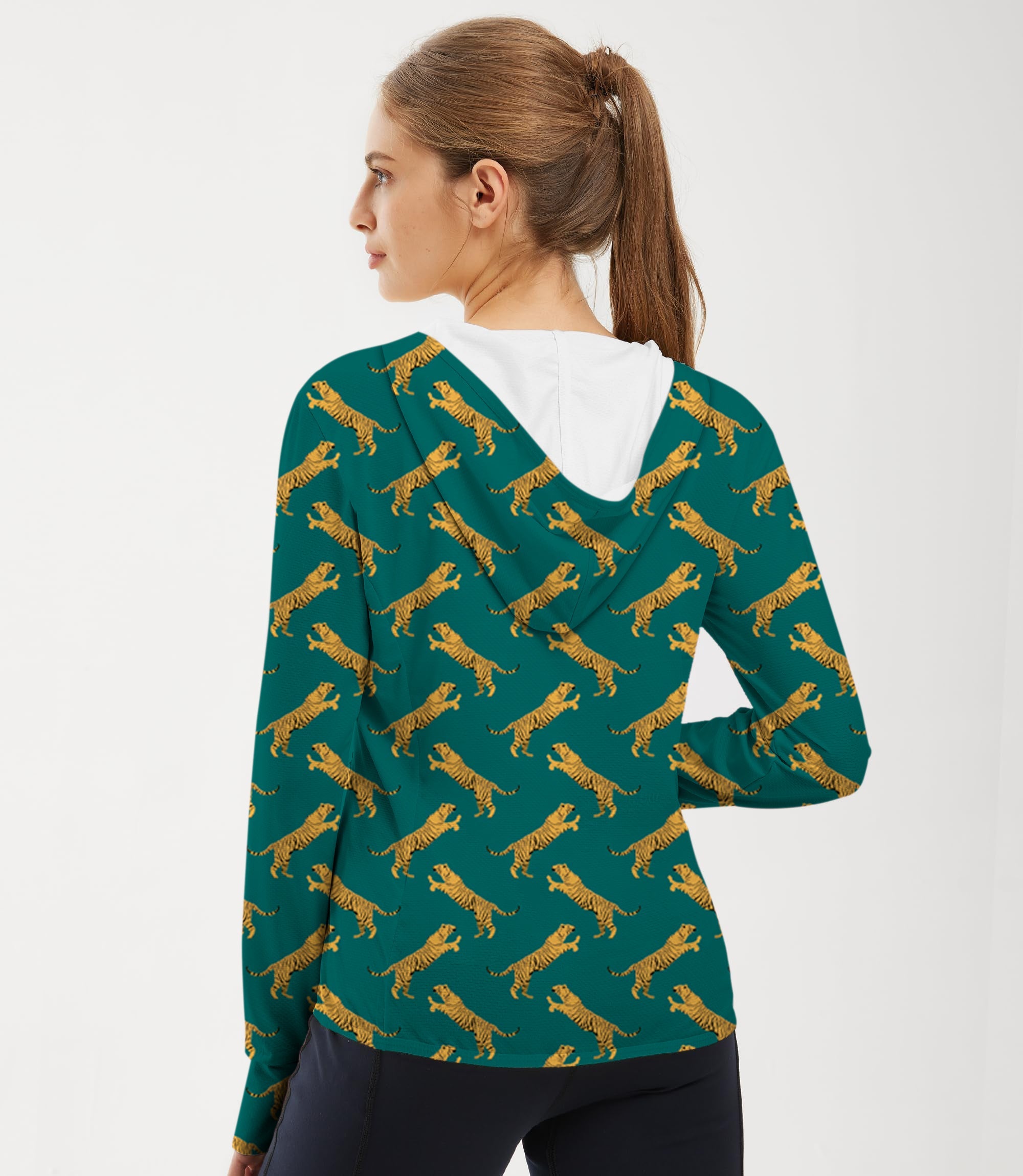 Women's outdoor slim fit green tiger print golf sun protection hoodie with thumb holes and UPF 50+ fabric