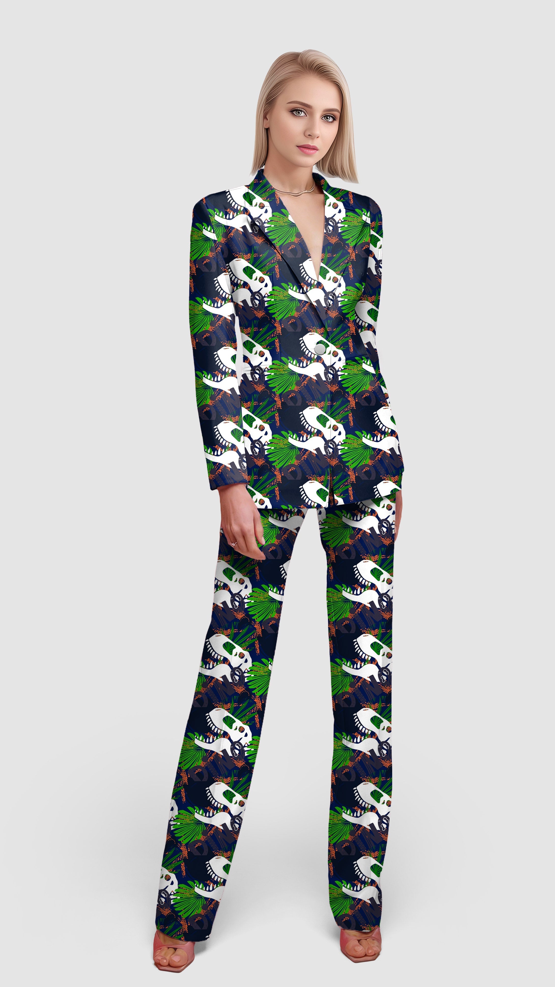 Woman wearing dinosaur fossil blazer suit with lapel collar and single button closure