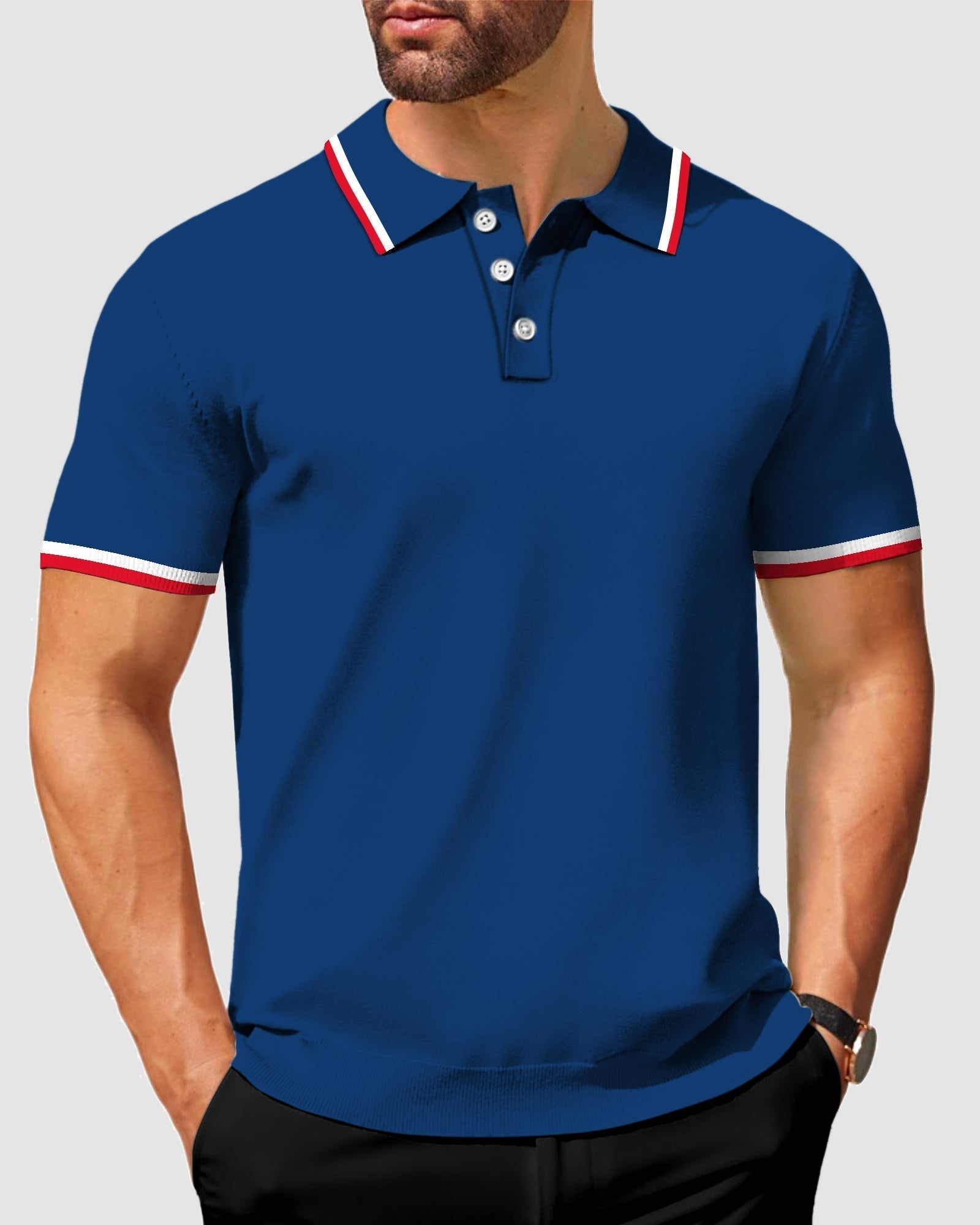 Men's navy polo shirt with red and white stripes, moisture-wicking, wrinkle-resistant, stretch fabric, UPF 40+ protection, classic fit and customizable design