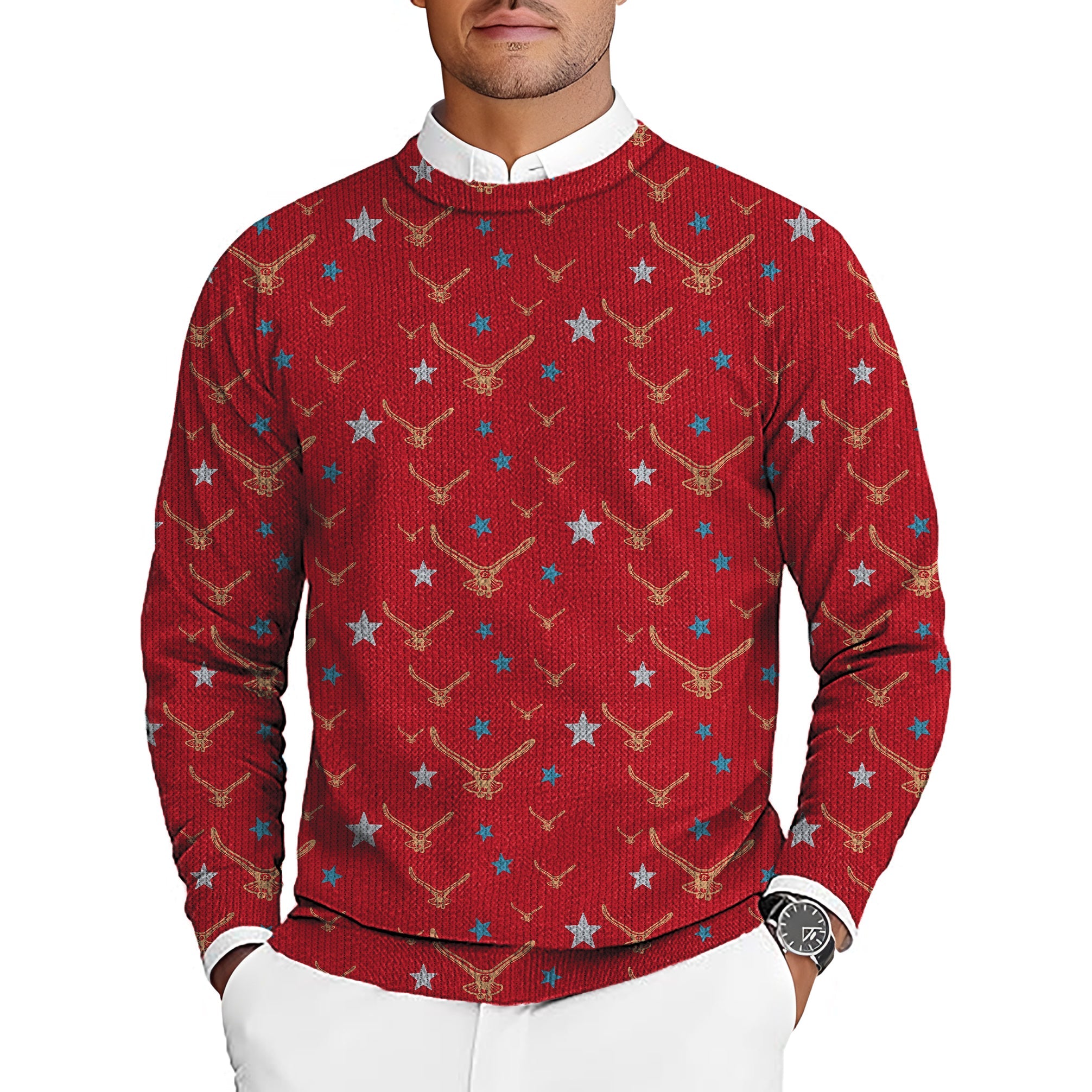 limited edition star eagle men's red golf crewneck pullover sweater with eagle and star pattern