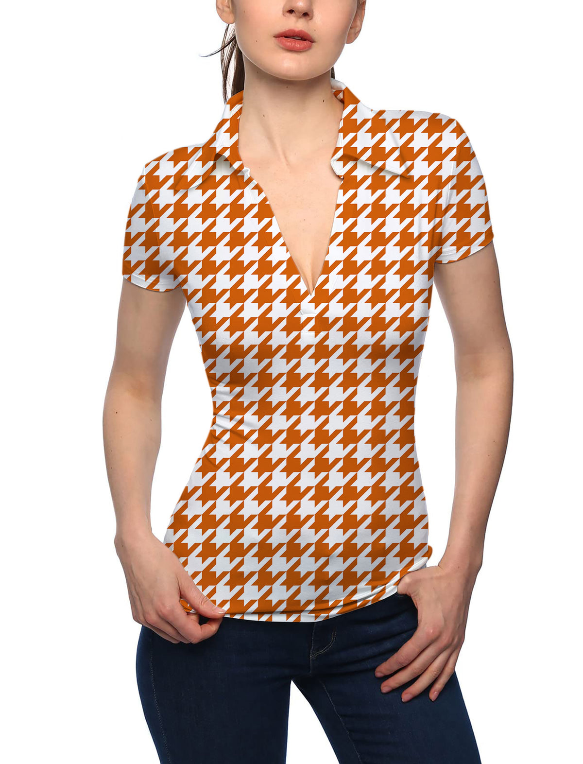 Women's Halloween yellow and white houndstooth V Neck Golf Polo