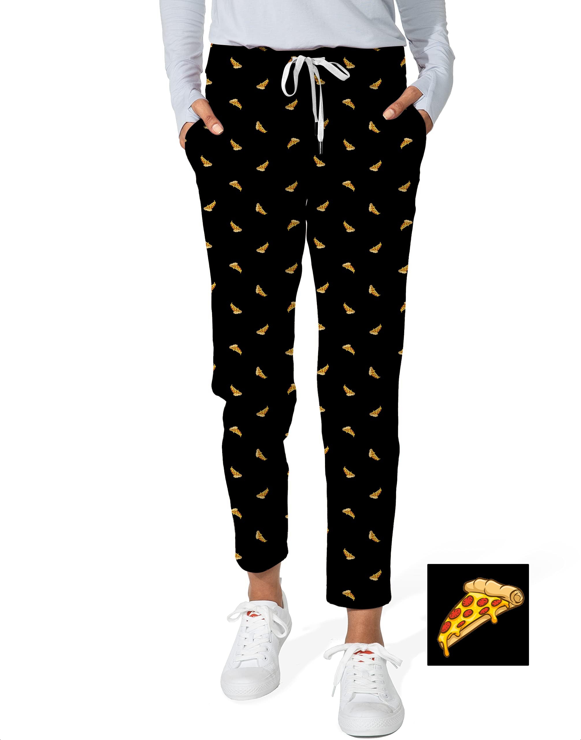 Women's black stretch ankle golf pants with white pizza slice pattern and drawstring waist, customizable for team uniforms.