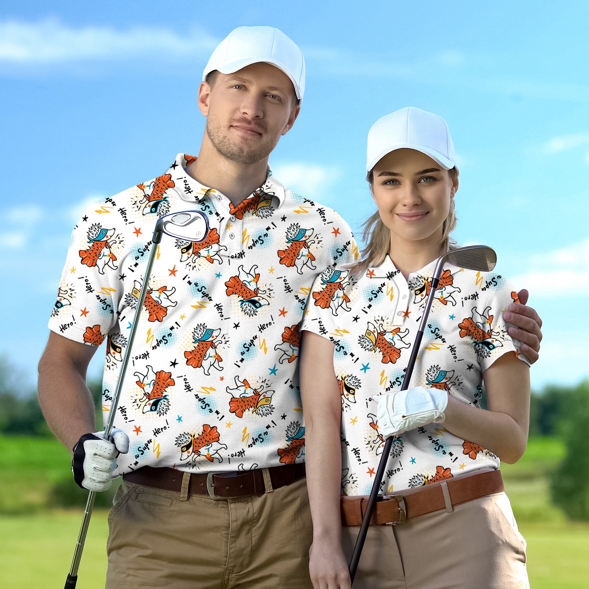 Couple wearing matching hedgehog golf shirts holding clubs in outdoor golf setting for Golf Championship Trophy tournament