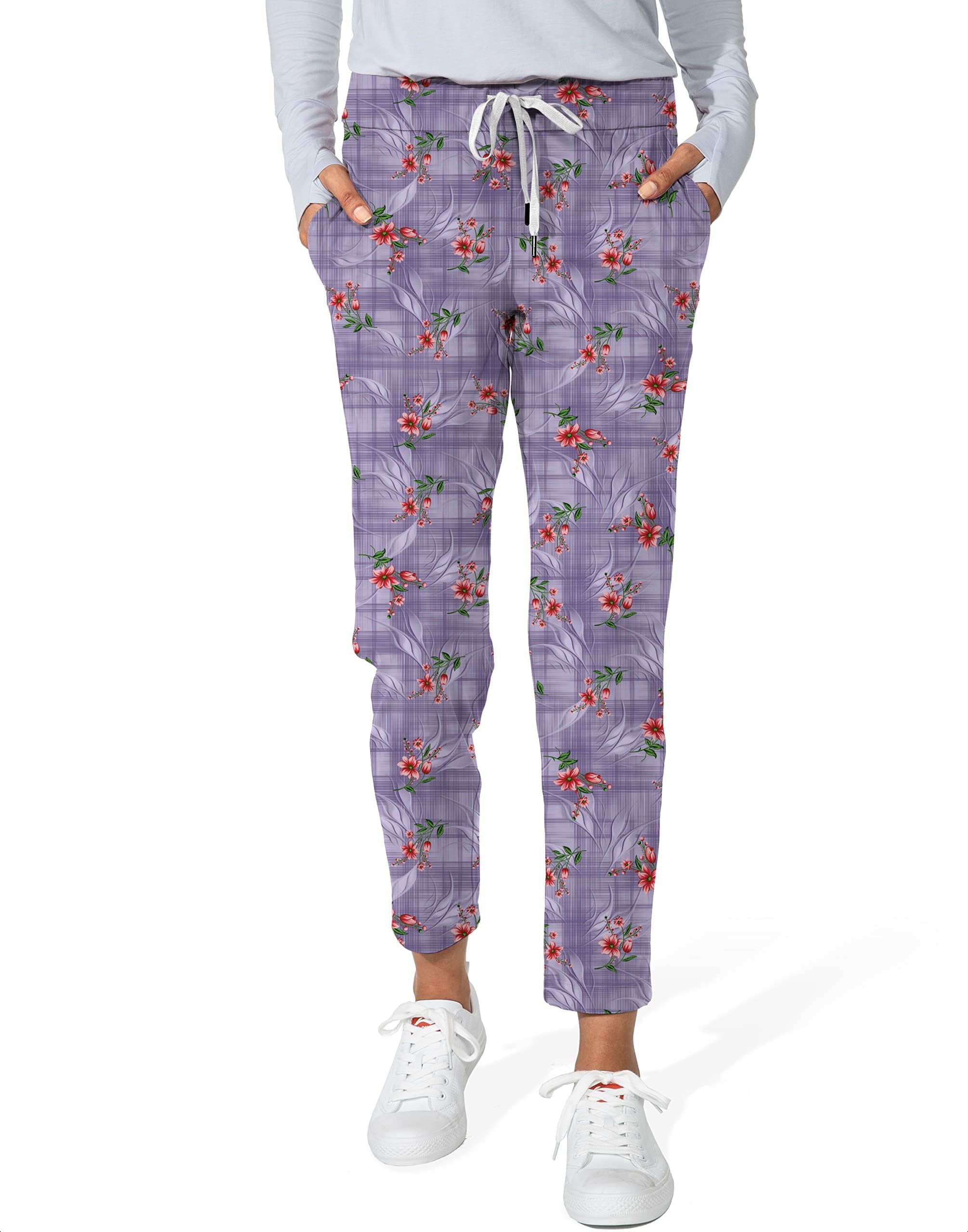 Women's purple flower 7/8 stretch ankle golf pants with floral pattern