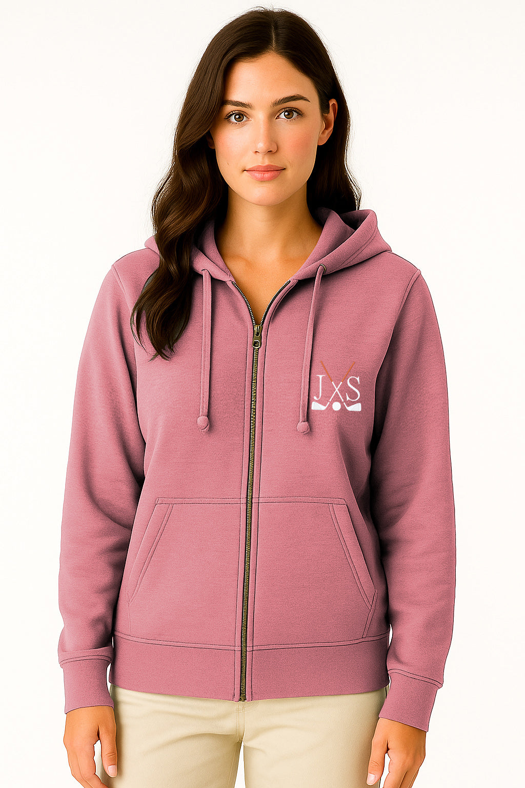 Embroidery solid color hot pink plus size women's zipper hoodie with golf club initials design