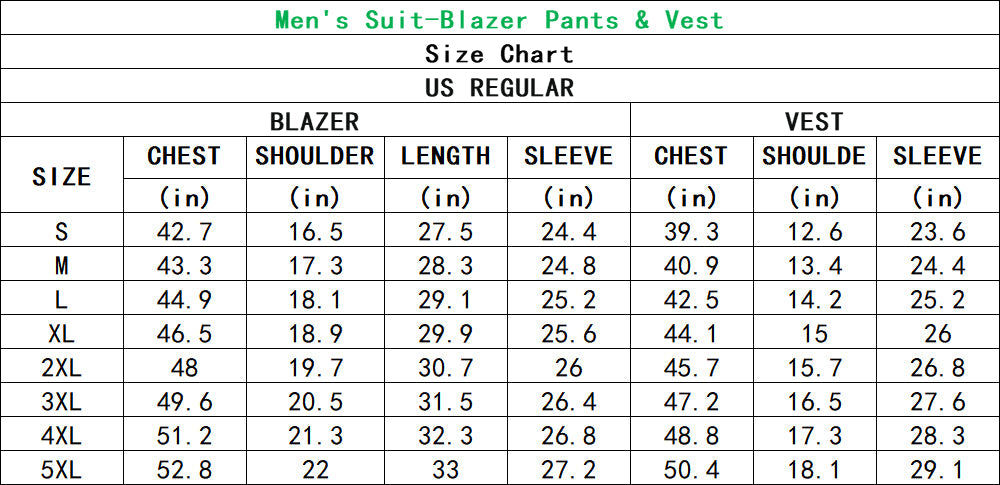 TurkeyTime men's blazer pants and vest suit size chart with measurements