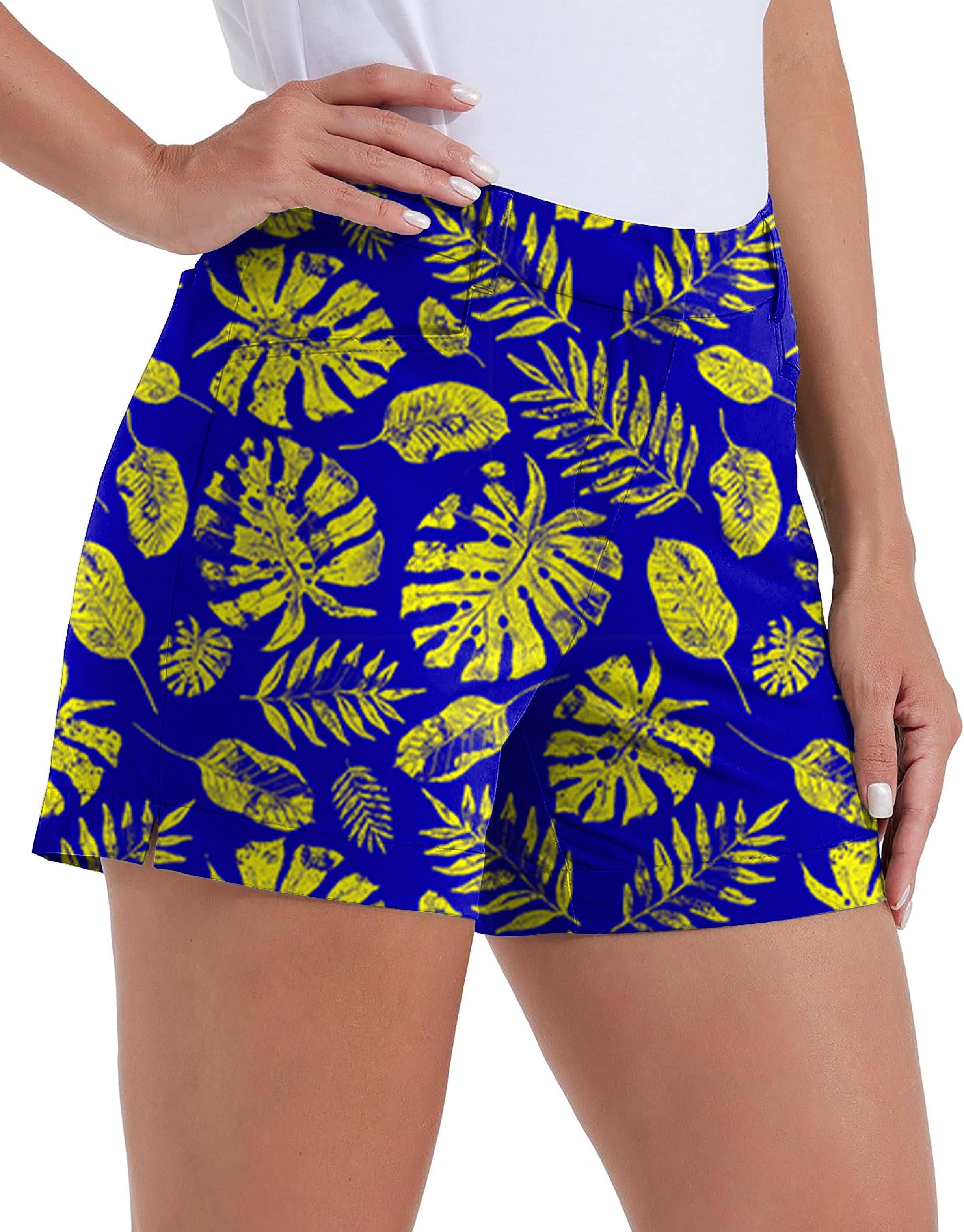 Women’s tropical plants golf shorts with pockets, quick-drying and waterproof for outdoor casual wear