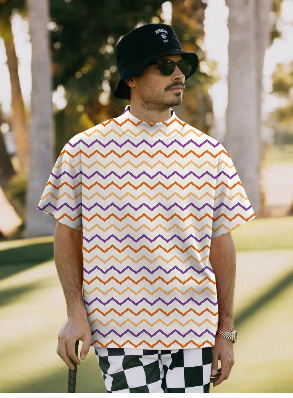 Men's Colorful Halloween Waves Mock Neck Long/Short Sleeve Golf Tops