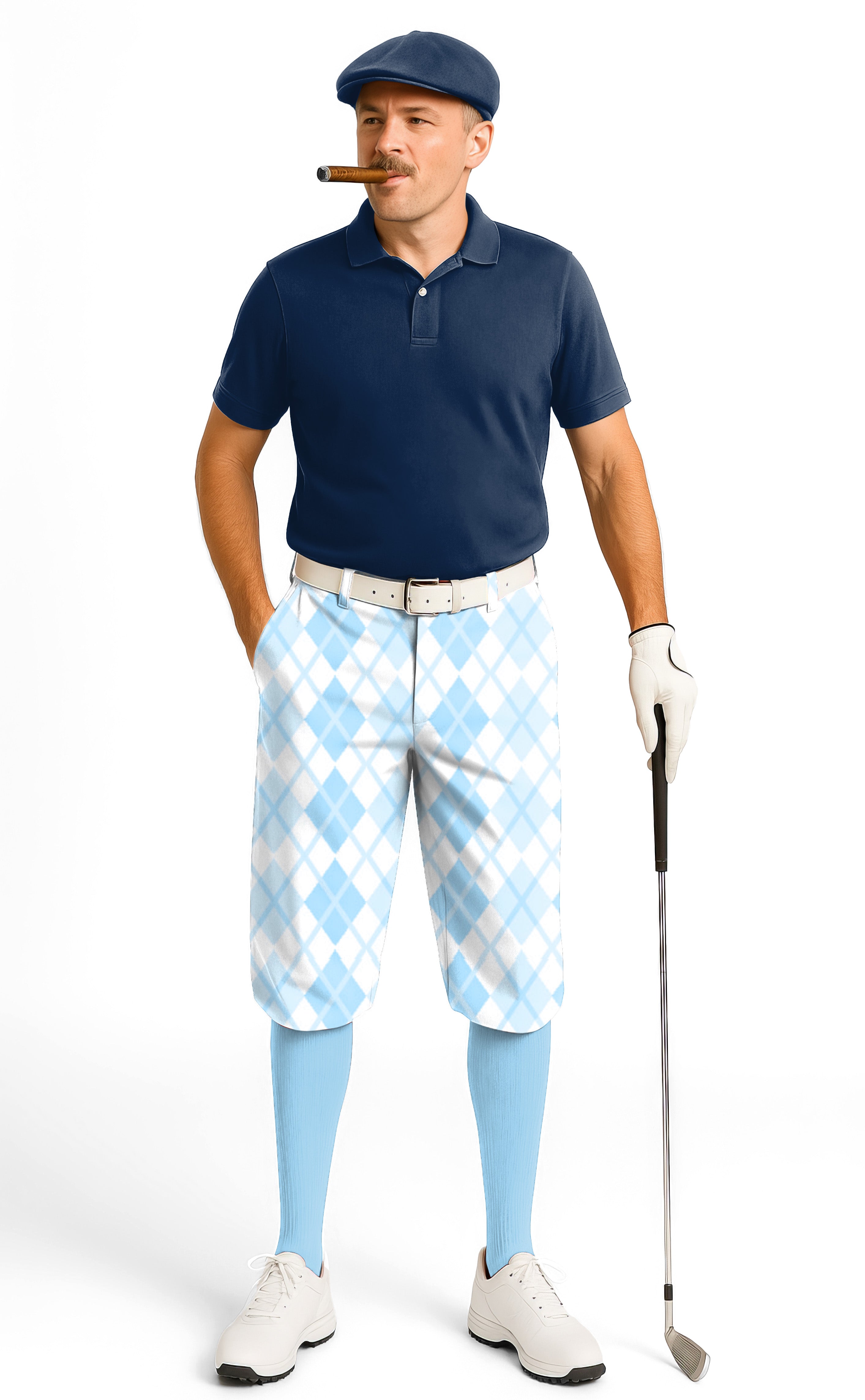 Men's Argyle blue grid golf knickers with snug ankle cuffs and breathable fabric