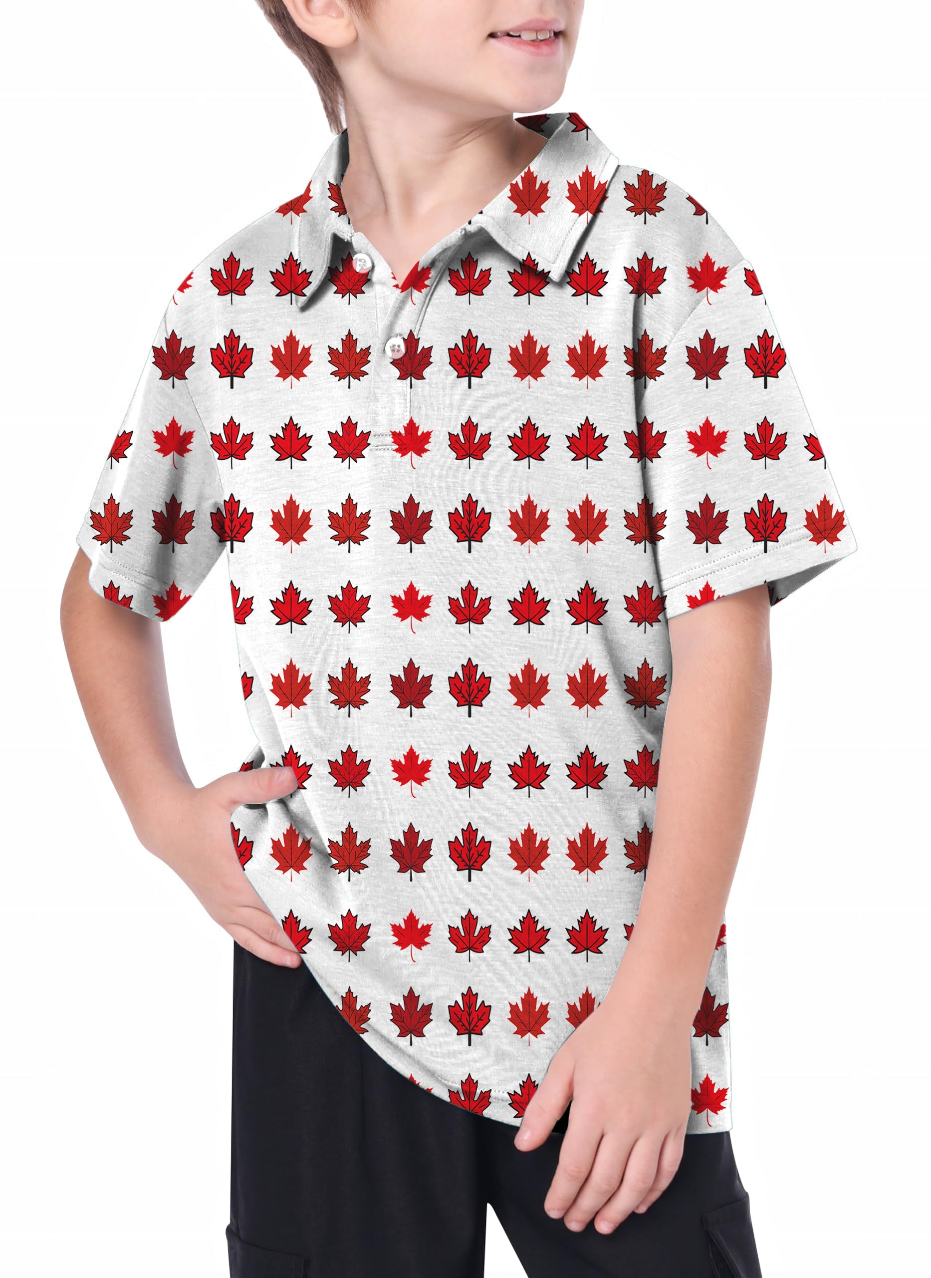 Youth Canada Red Maple Leaves golf polo shirt with red maple leaf pattern on white fabric worn by youth model