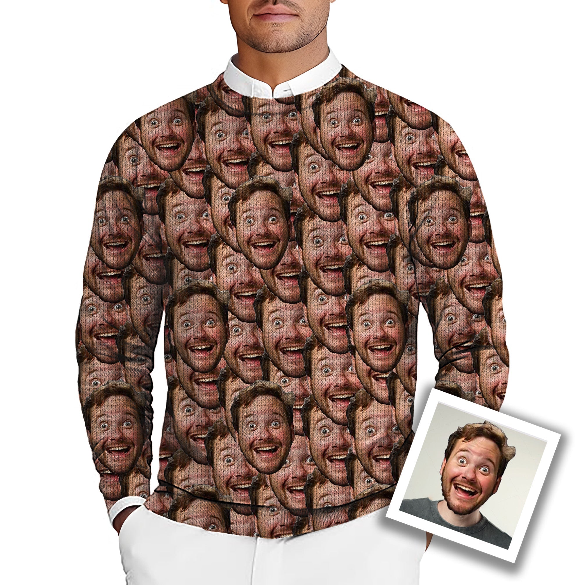 Men's custom golf crewneck pullover ugly sweater with all faces photo print