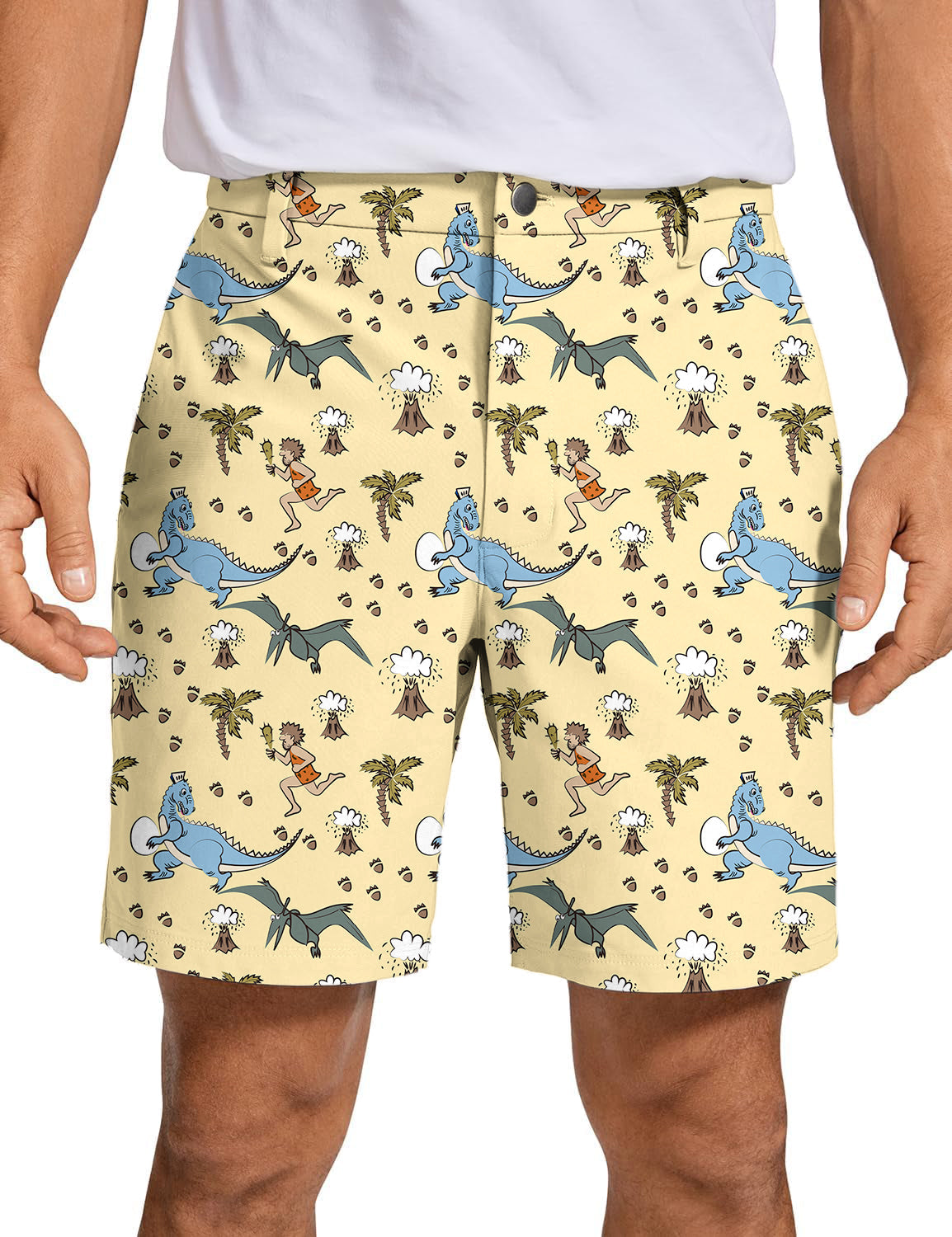 Men's Golf Shorts with dinosaur and volcano pattern, quick-dry, breathable, lightweight sports fabric
