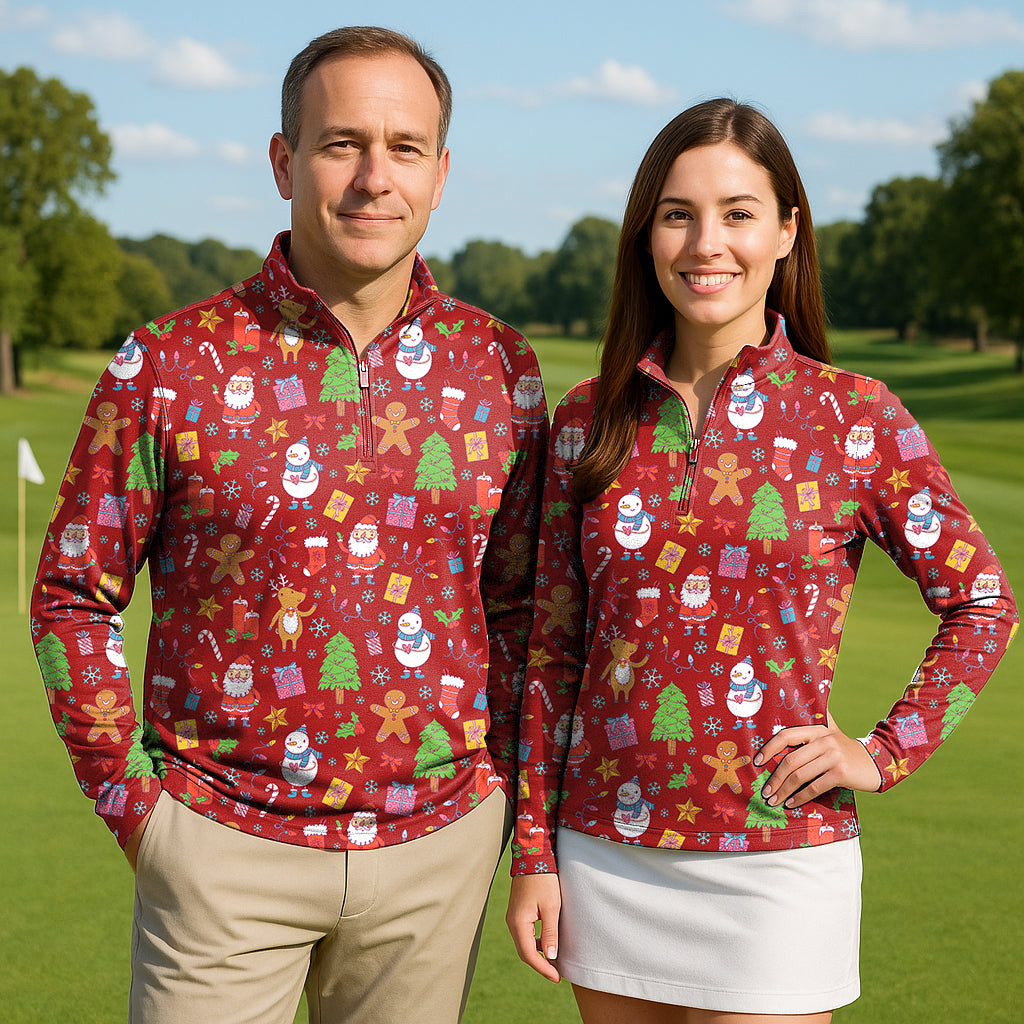 Merry Christmas couple golf 3/4 zip tops with festive holiday print, lightweight, sun-safe activewear