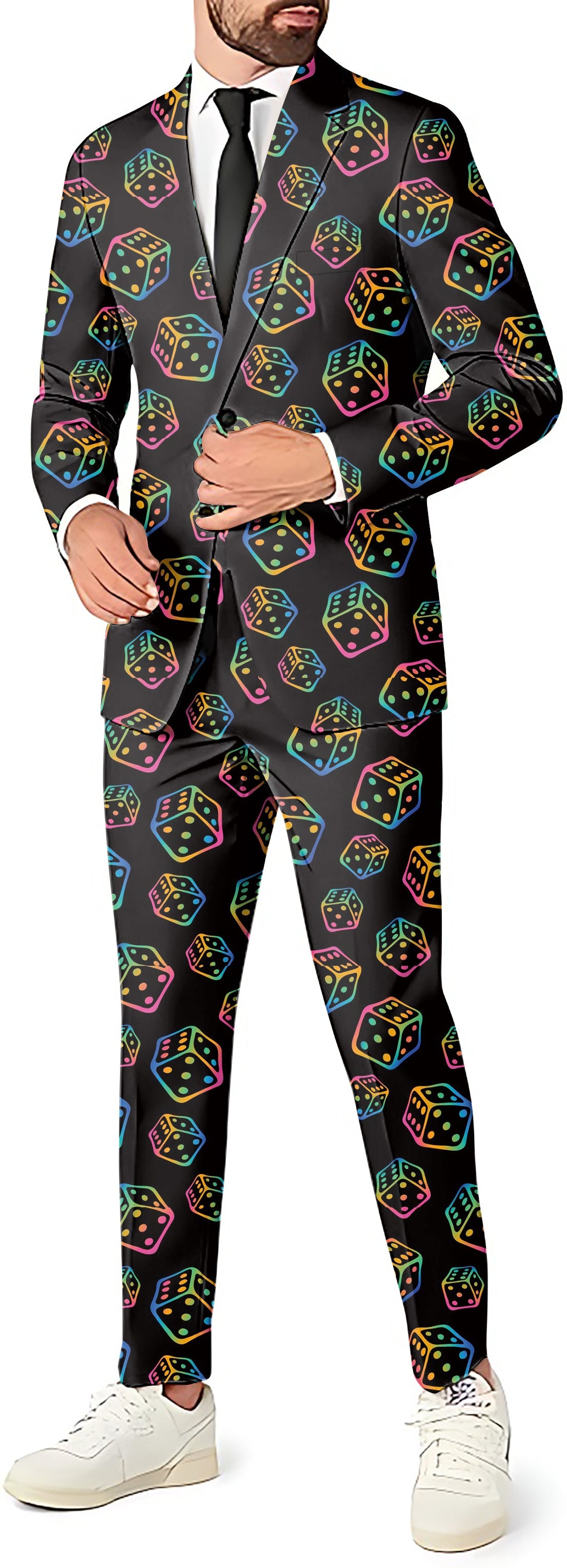 Dicey Player Men's black party suit with colorful dice pattern, blazer, pants, and vest set