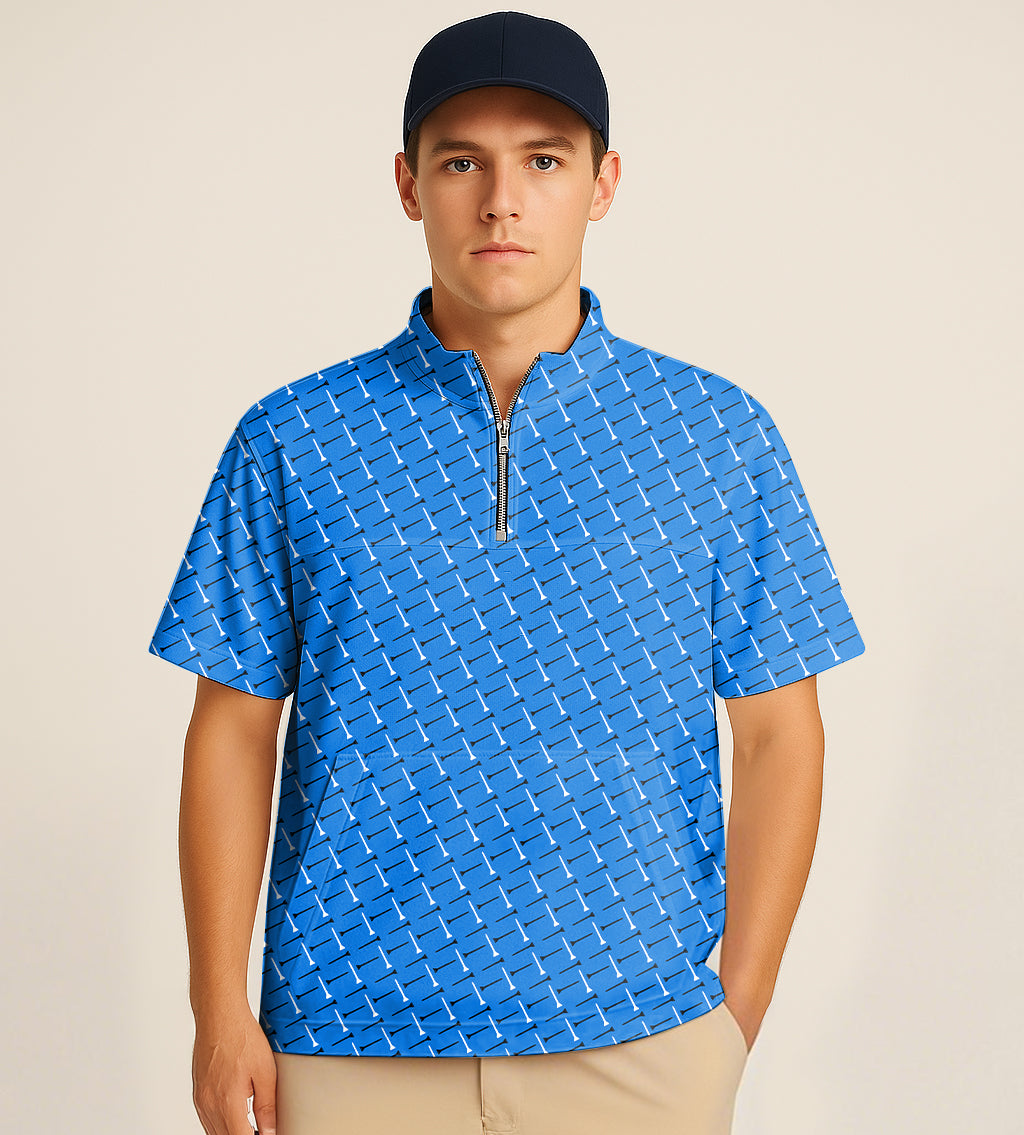 Men's blue half zipper turtleneck golf short sleeve shirt with custom embroidery and pattern