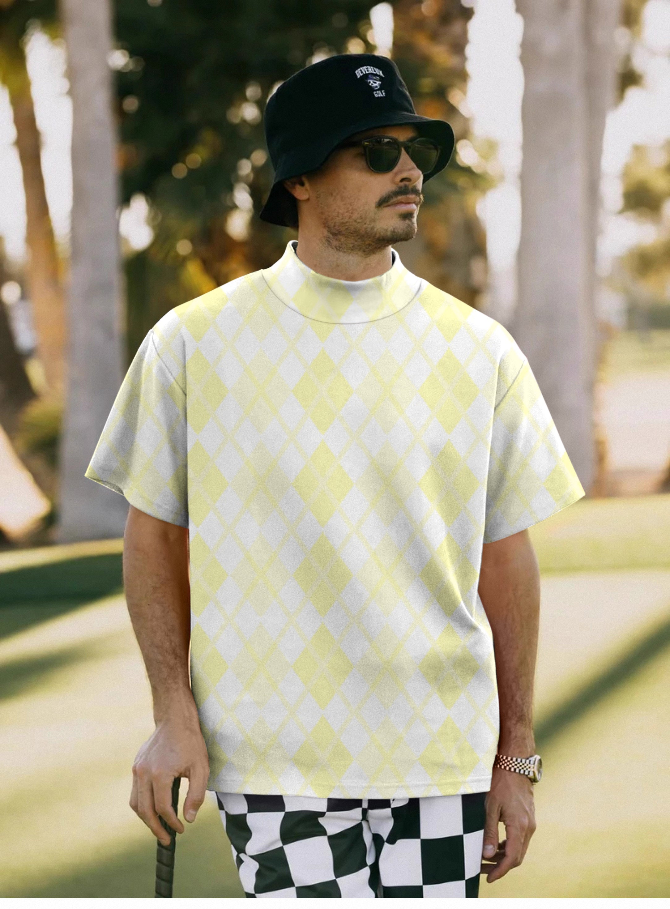 Men's Argyle yellow grid Pullover High neck Long/Short sleeve T-Shirt