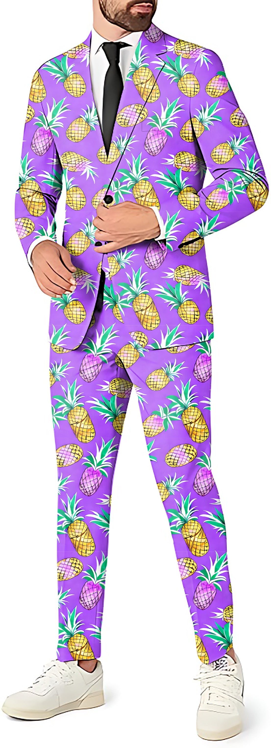 Purple pineapple men's party suit with blazer, pants, and vest on purple background