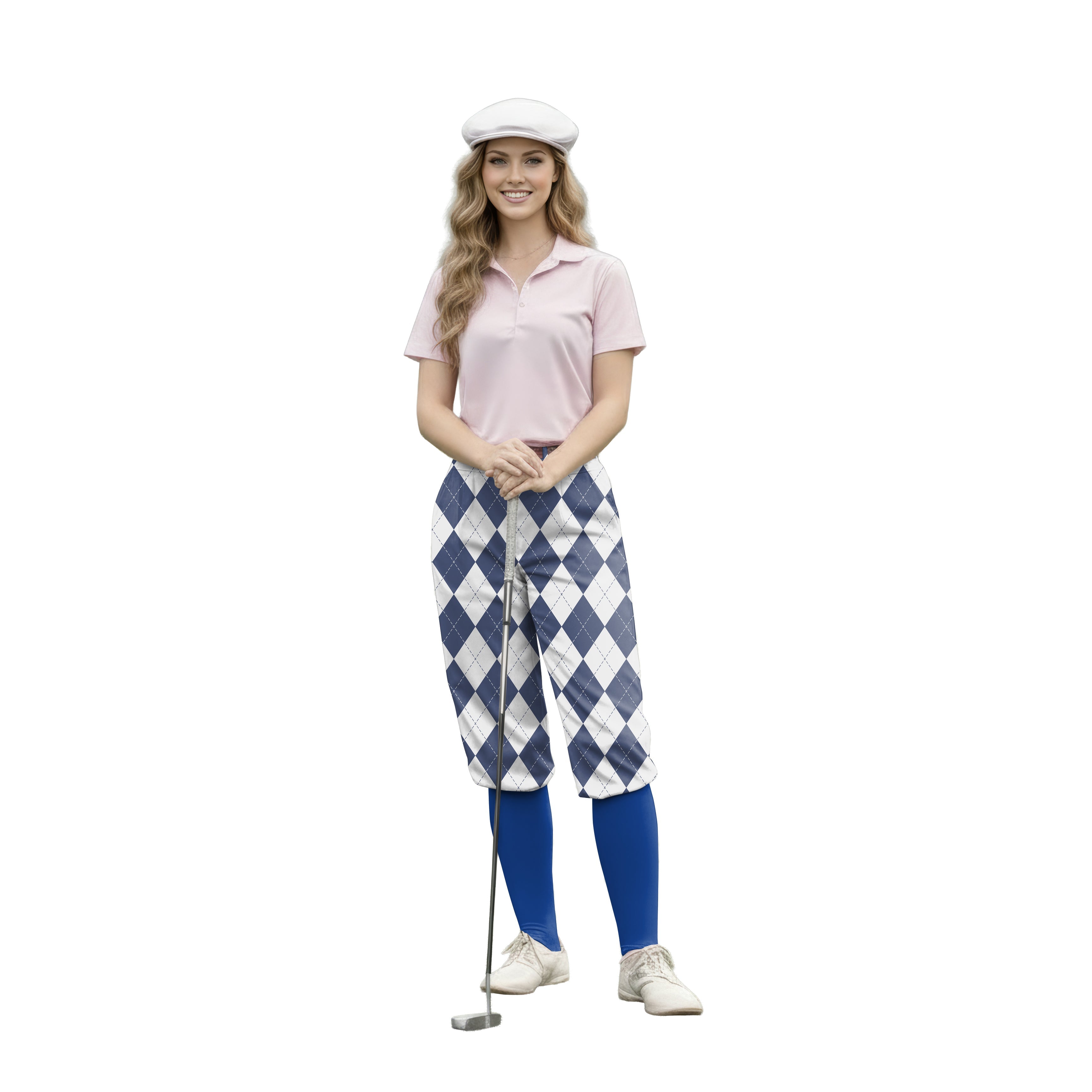 Woman wearing navy blue argyle women's golf knickers pants with golf club and white cap