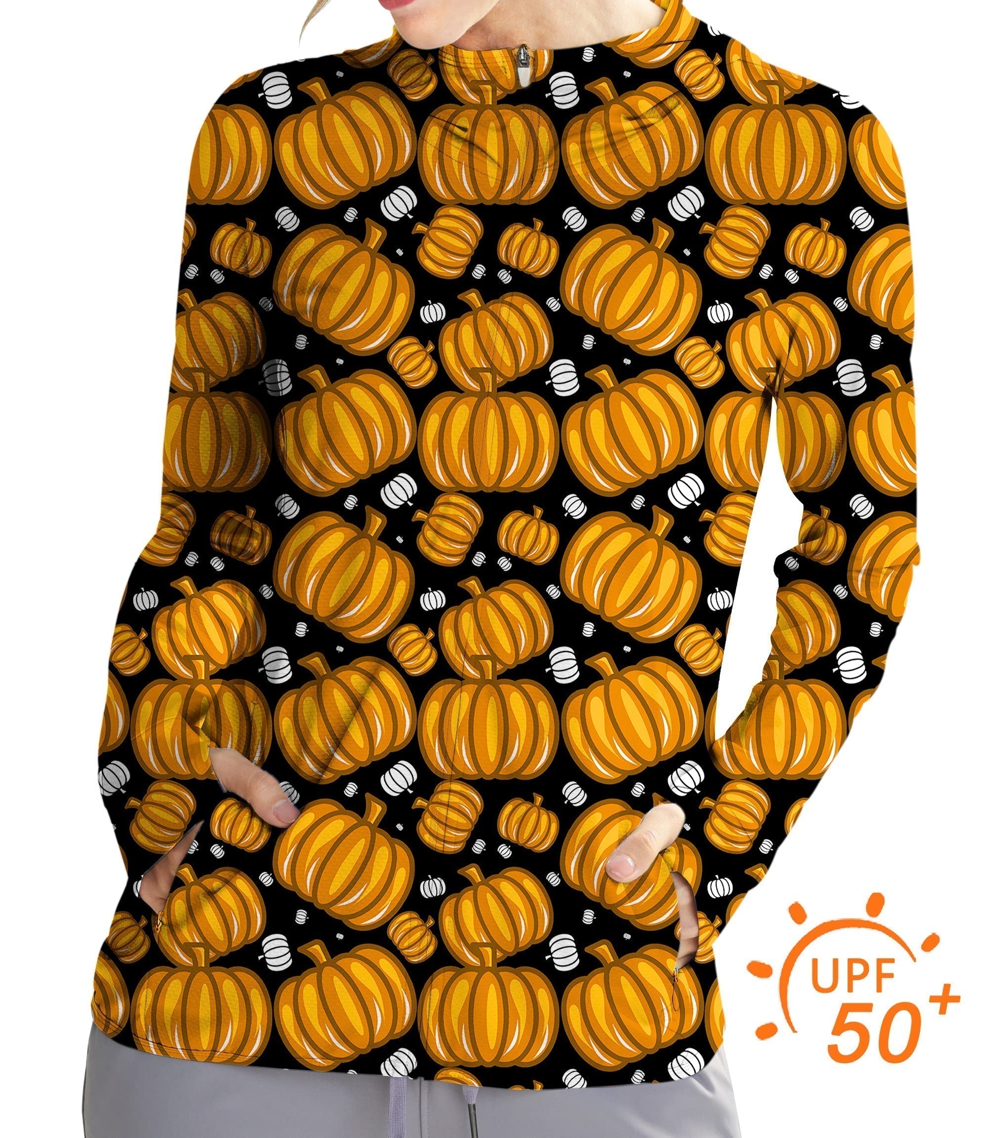 Women's outdoor Halloween pumpkin pattern slim fit zip hoodie with UPF 50+ sun protection