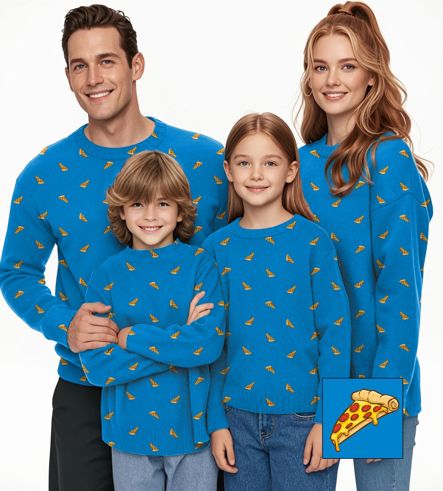 Family wearing blue crewneck pullovers with white pizza slice custom print design