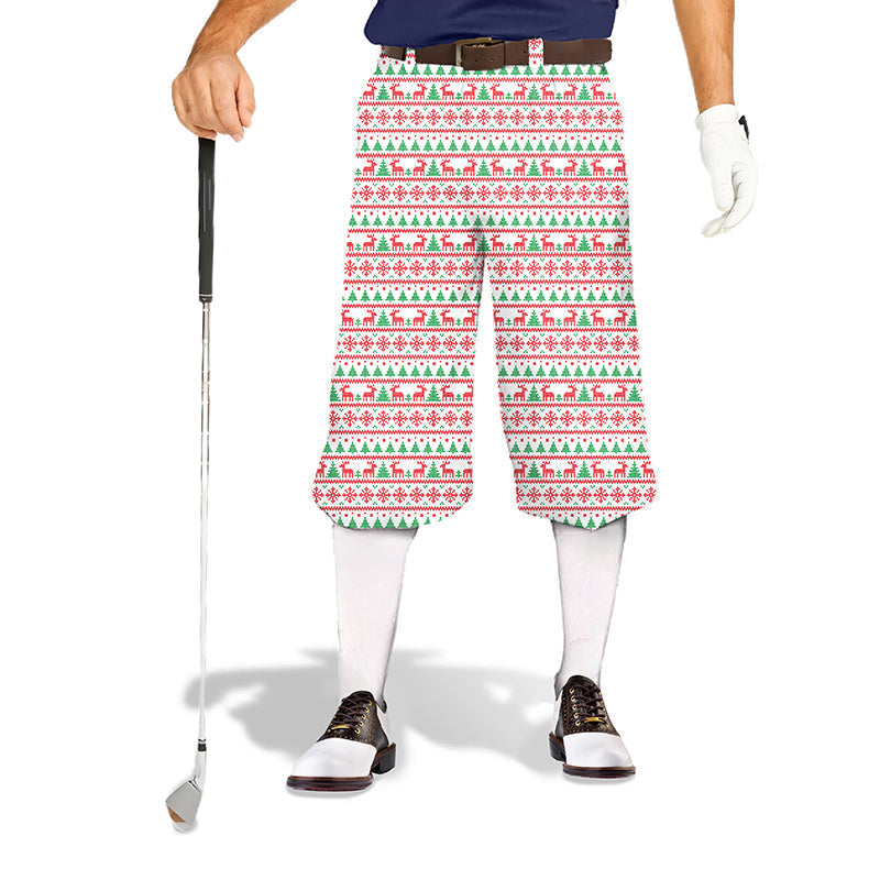 Christmas red and blue men's golf knickers with festive pattern, snug ankle cuffs, and lightweight breathable fabric