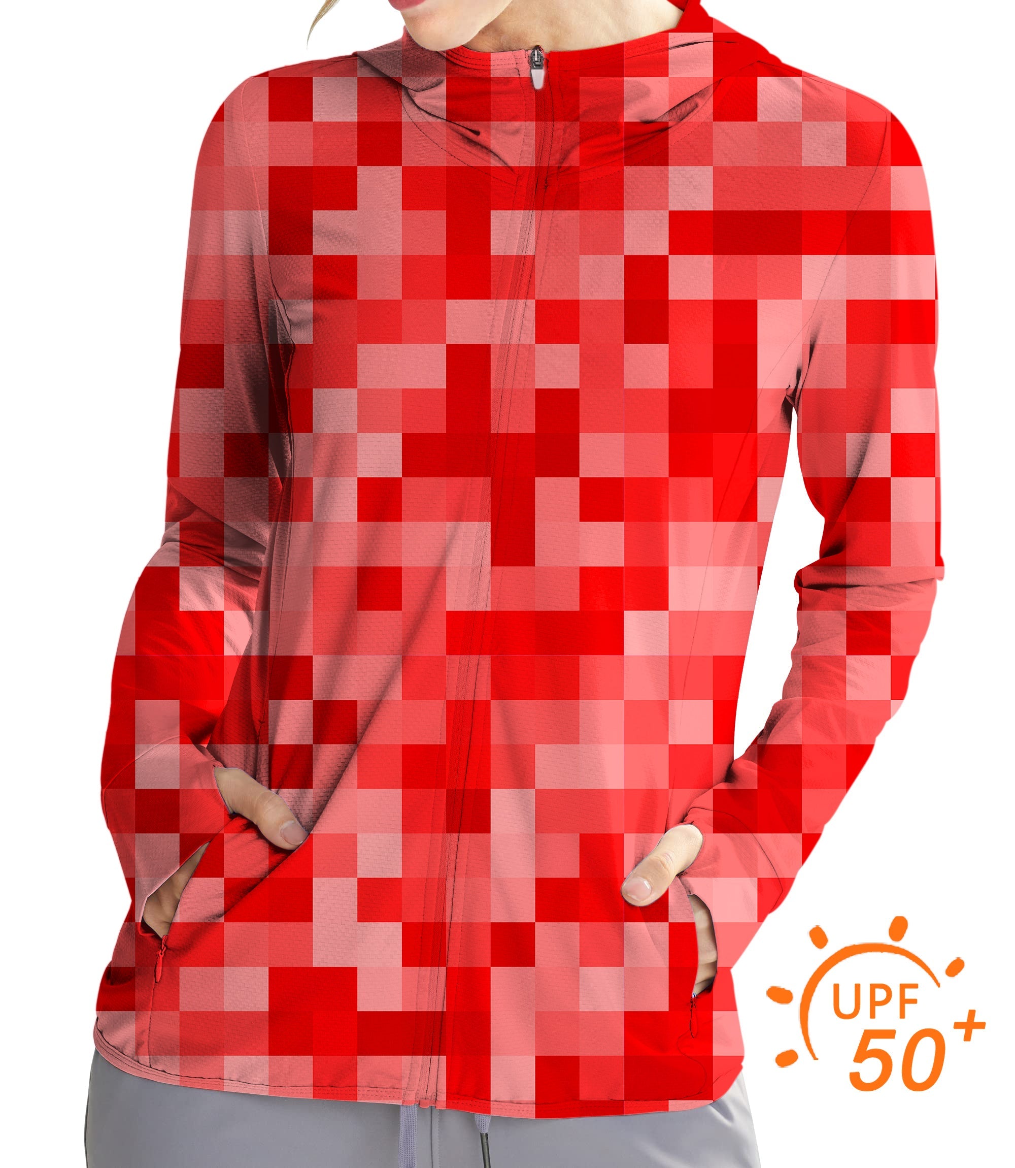 Women's outdoor red pixel pattern slim fit golf hoodie with UPF 50+ sun protection