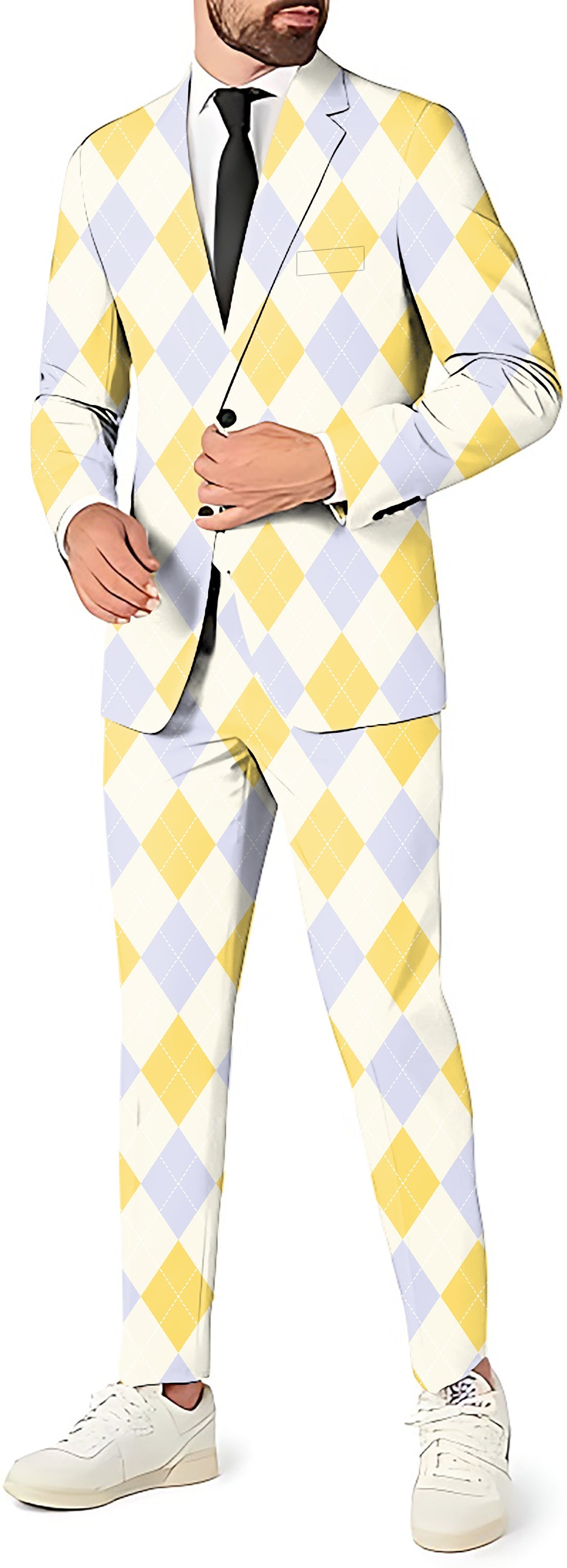 Yollow Argyle men's party suit with yellow and white argyle blazer and pants set