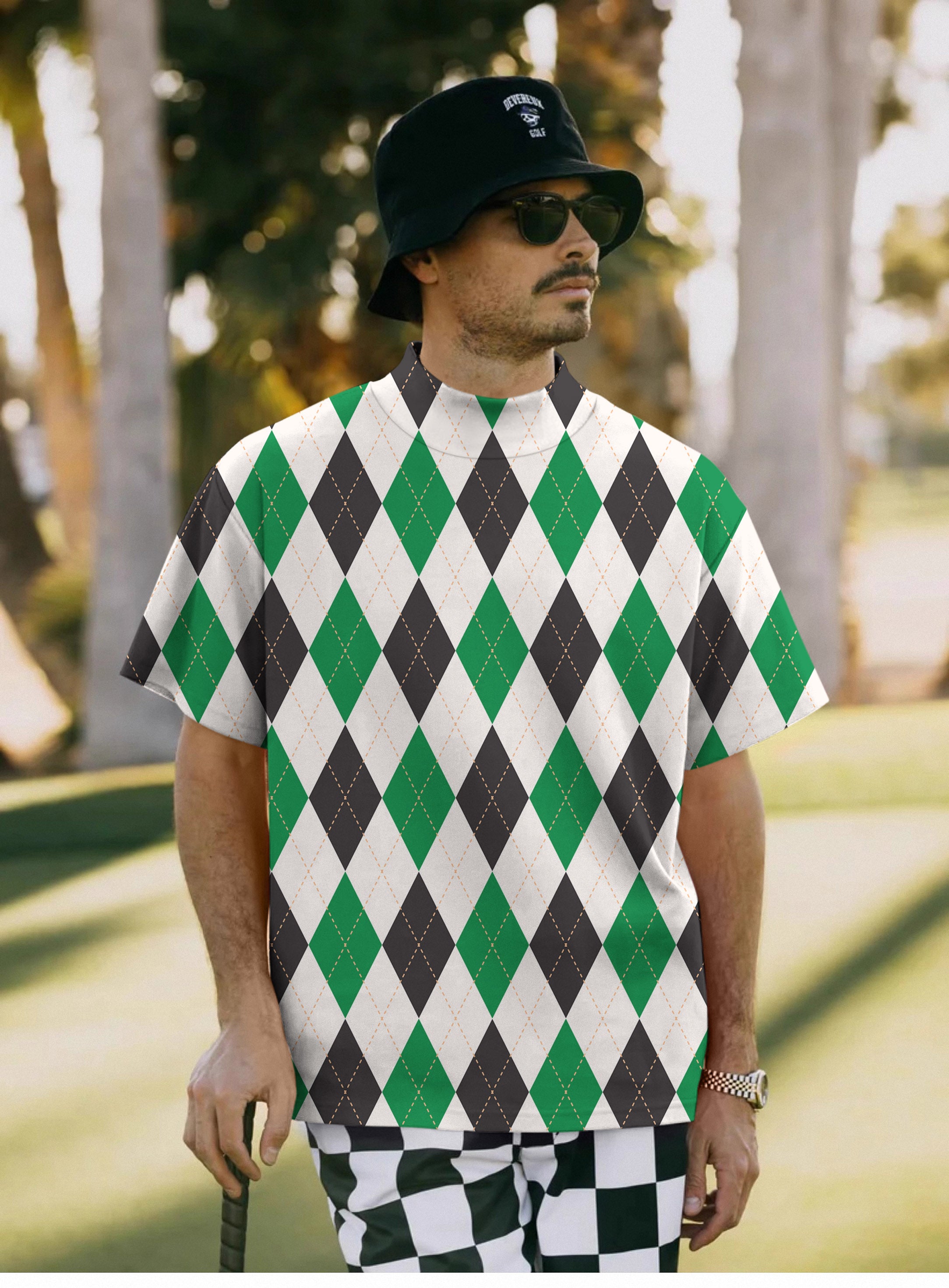 Men's Argyle grid Pullover High neck Long/Short sleeve T-Shirt