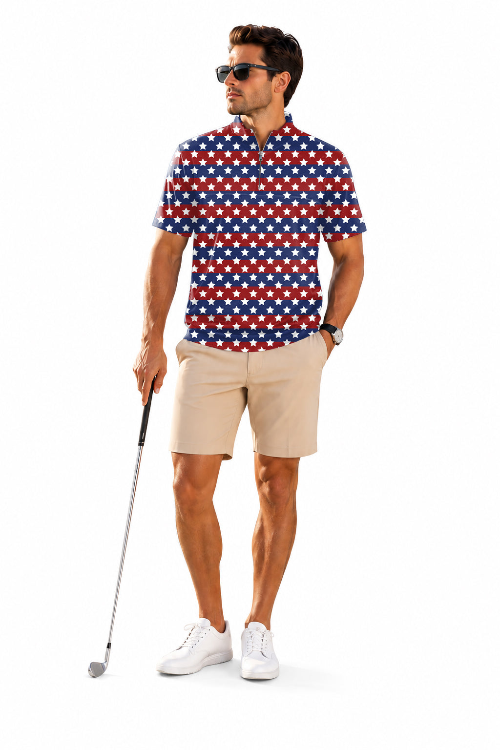 Men's Short Sleeve Quarter Zip Golf Pullover US Flag Stars Quilting Golf Cover Set Embroidery