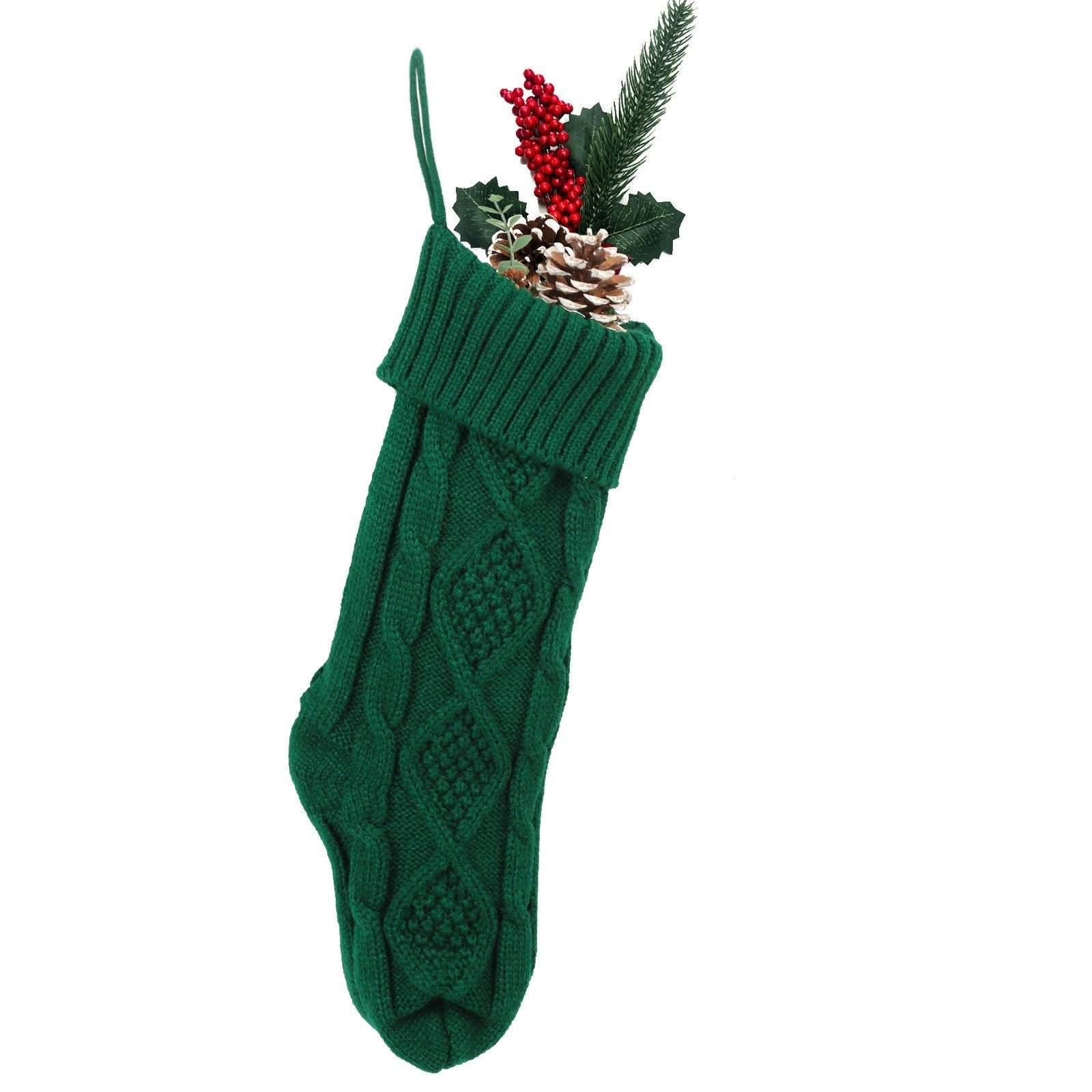 Green hand-knitted Christmas stocking with festive pine and berry decoration, 45cm long, personalized holiday gift