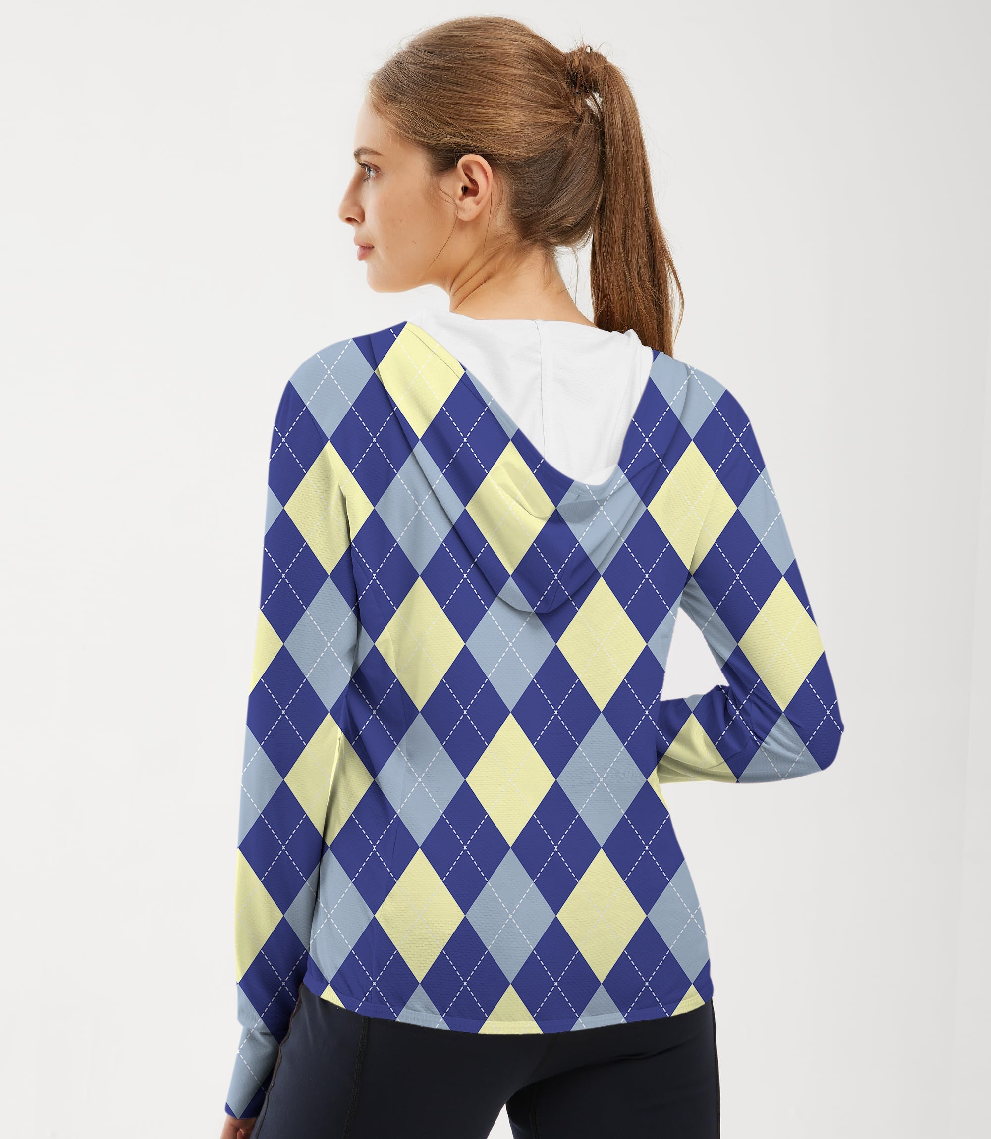 Women's outdoor slim fit blue argyle golf sun protection hoodie with thumb holes