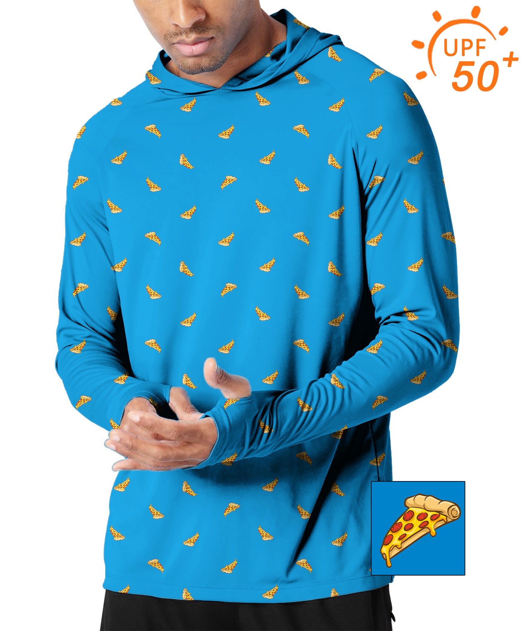 Men's outdoor slim fit hooded sun protection shirt with delicious white pizza print and UPF 50+ fabric for UV protection