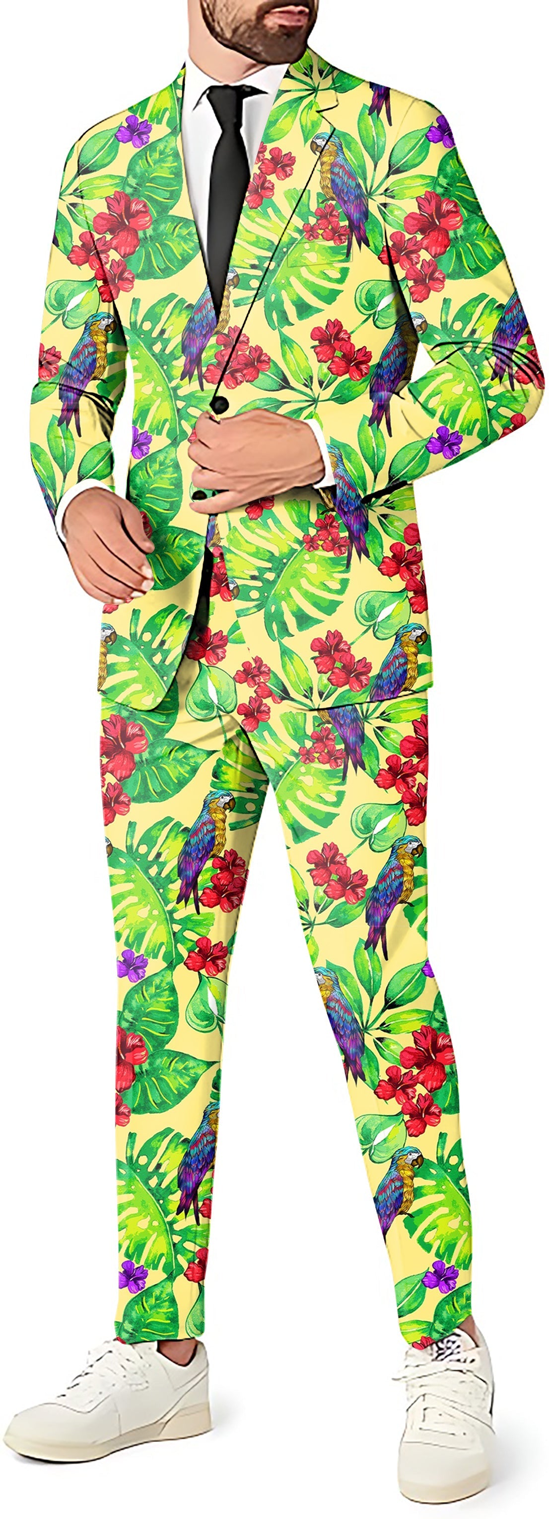 Palm Leaf Toucan men's party costume suit with blazer, pants, and vest in vibrant tropical print