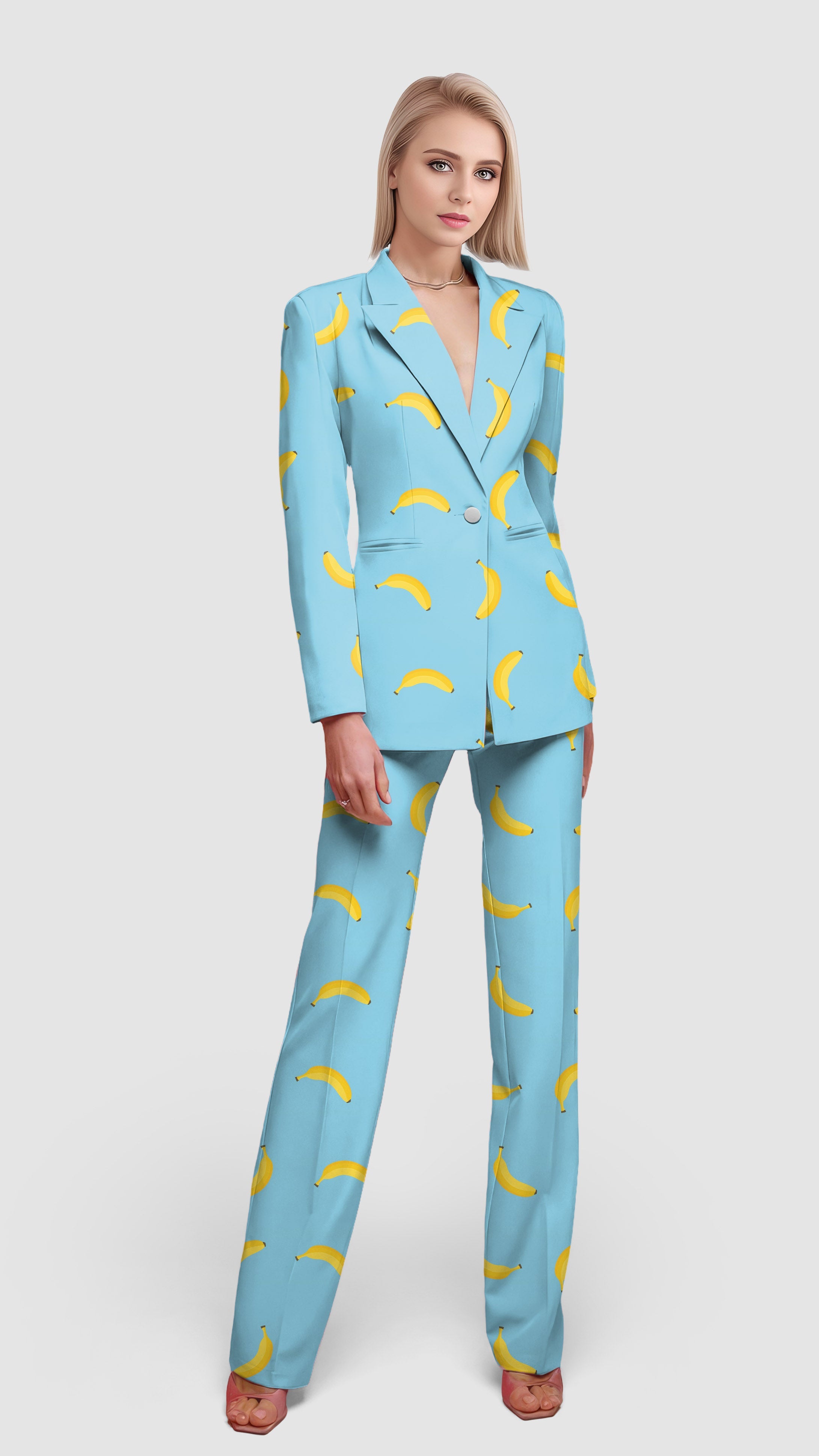 Women's blazer suit set in light blue with banana print, single button closure, flap pockets, casual and office wear.