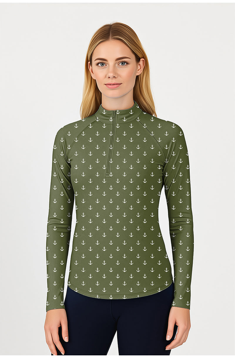 dark green anchor print women's golf active 3/4 zip long sleeve top