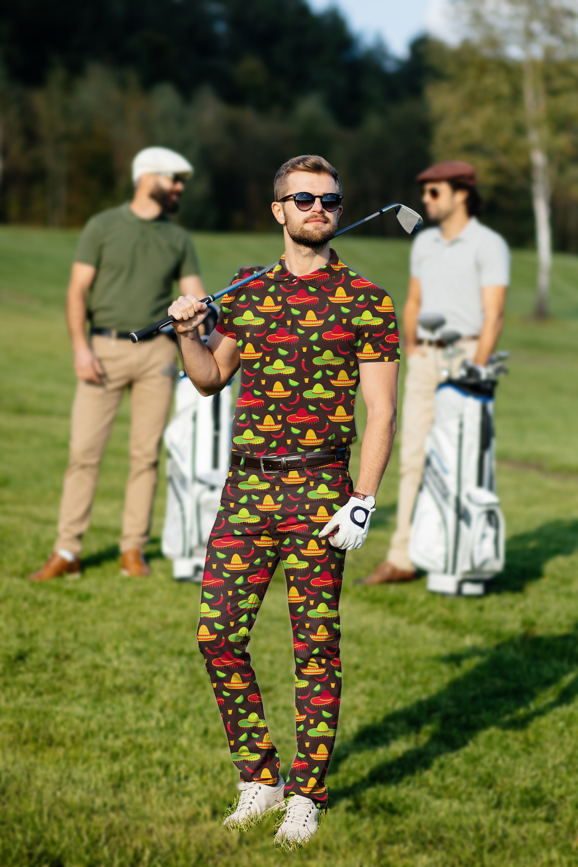 Men's golf set featuring a colorful taco-themed polo and pants, perfect for sporty yet business casual wear on the golf course
