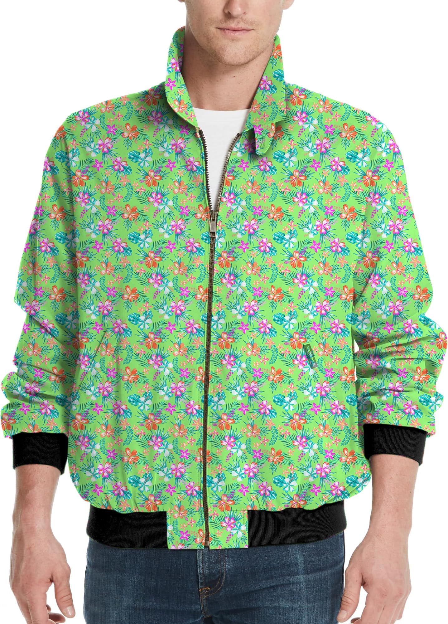 Men's Vibrant Blossom golf windbreaker jacket with colorful floral design and lightweight fabric