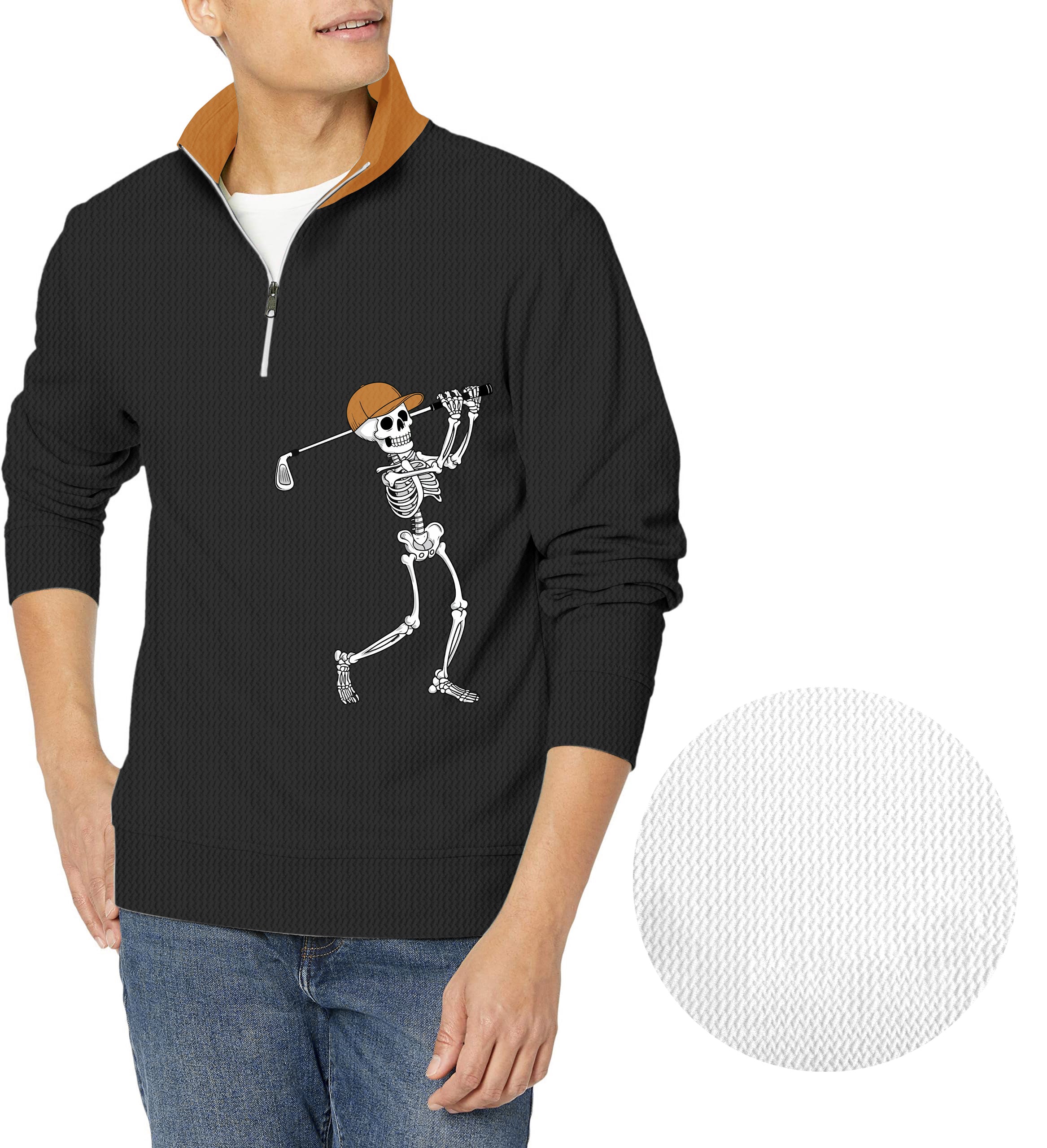Pumpkin Black Halloween Skeleton Golf Men's Golf Waffle Zipper Pullover