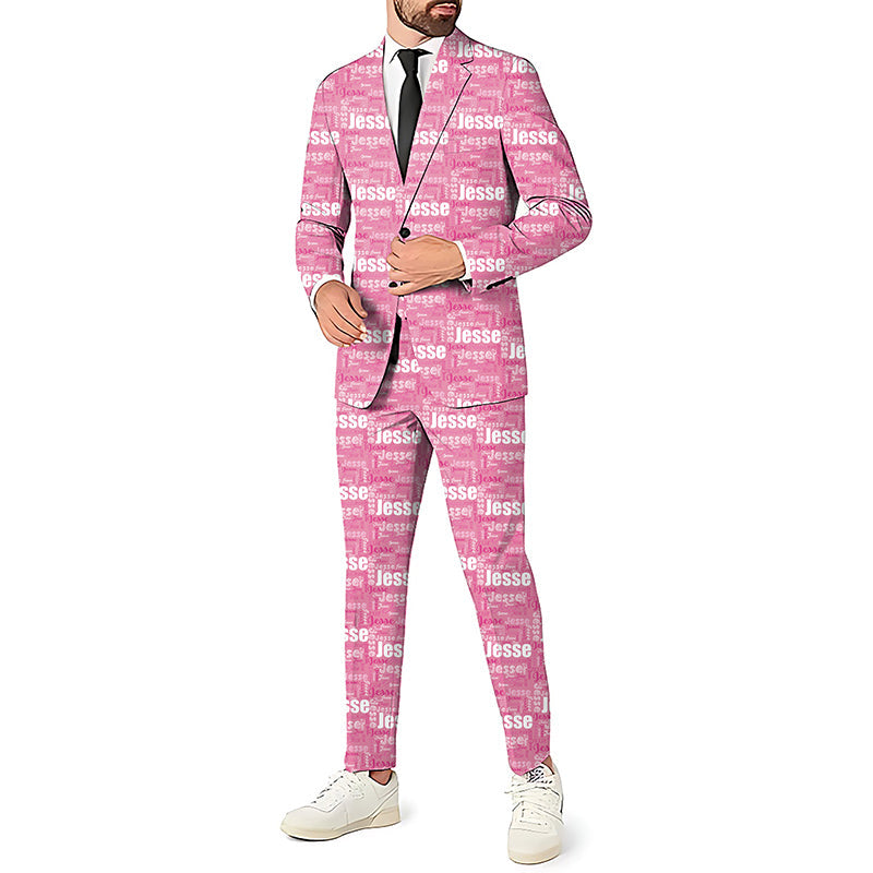 Custom repeat name men's pink blazer, vest, and pants party suit set with personalized text pattern