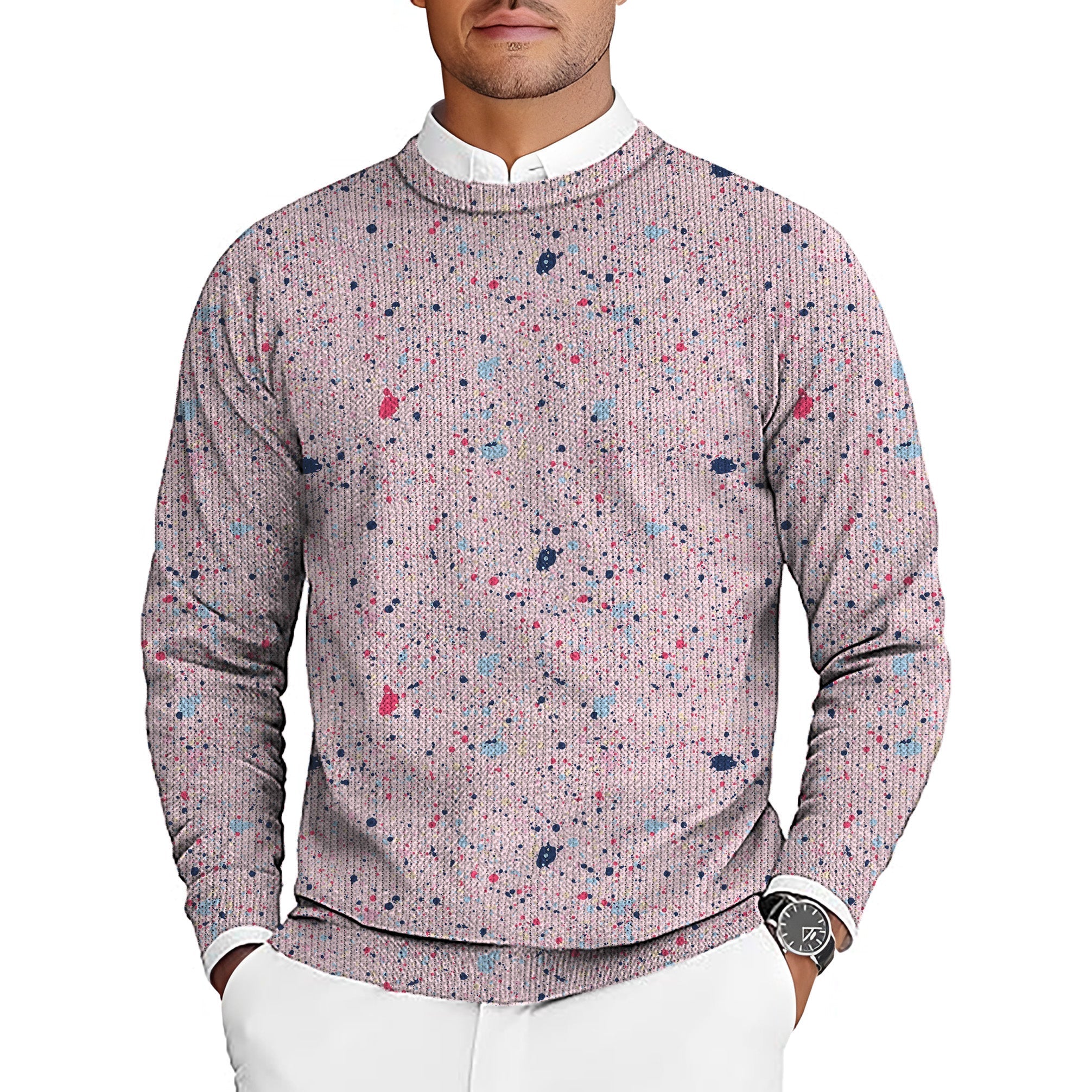 Black Pink Ink Dots men's golf crewneck pullover sweater with ink splatter pattern