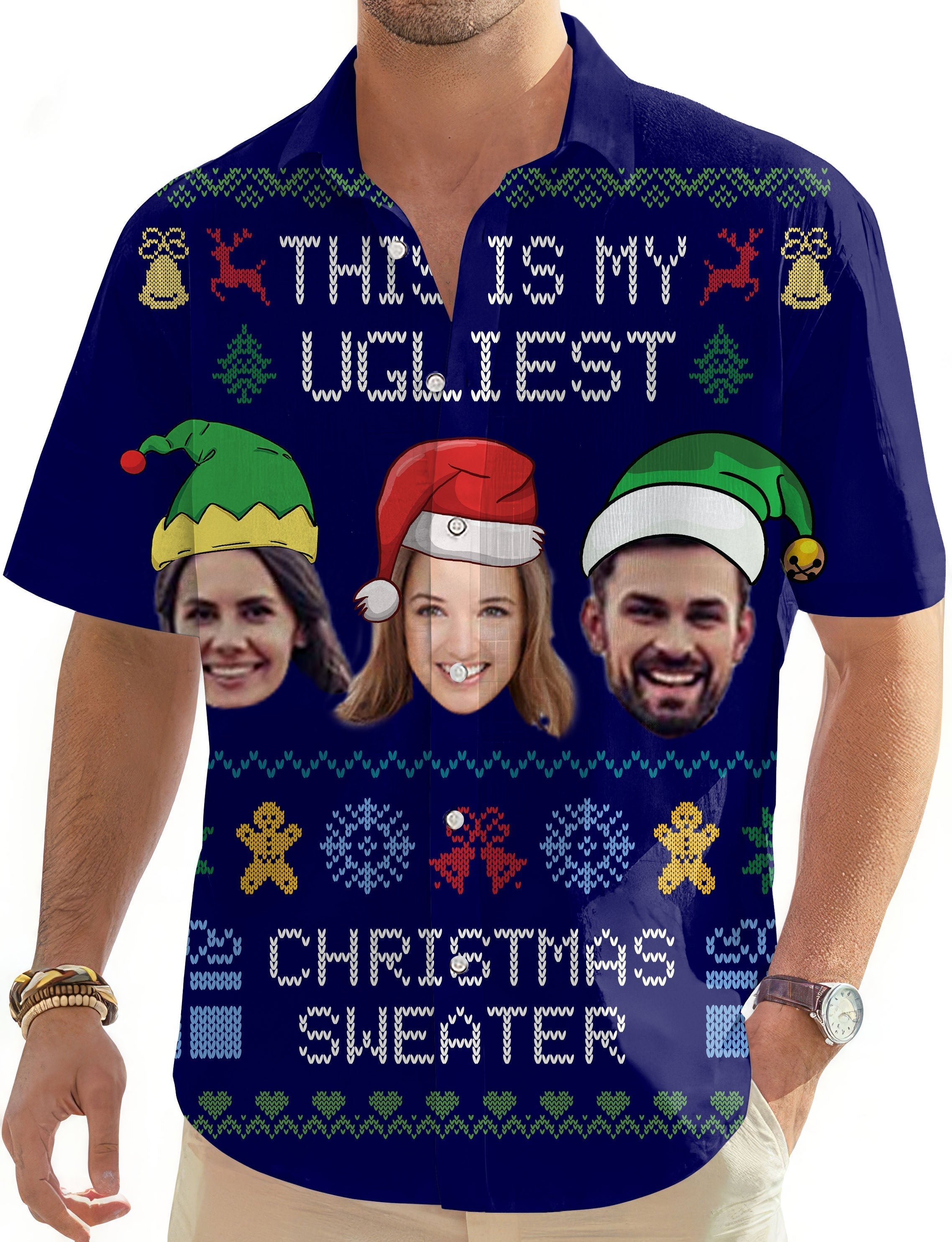 Navy Christmas custom face men's golf Hawaiian button-down shirt with festive holiday print