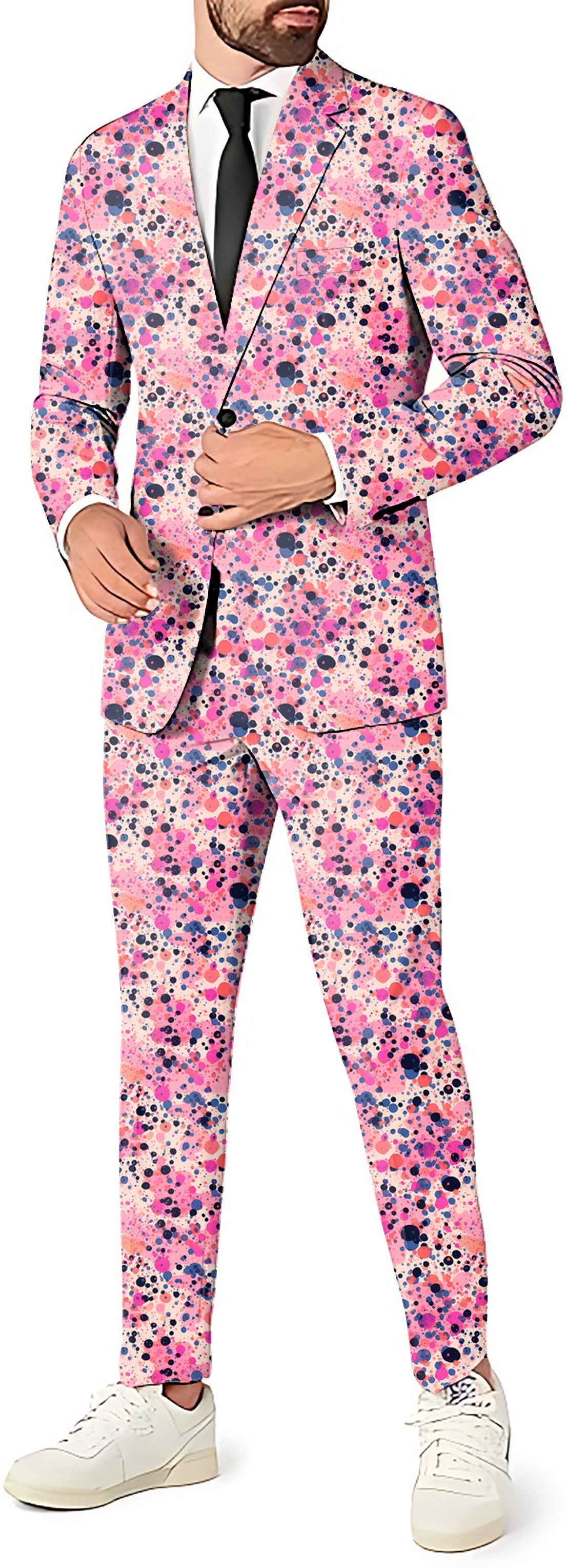 Fuchsia Fusion men's party suit with blazer, vest, and pants in pink floral pattern