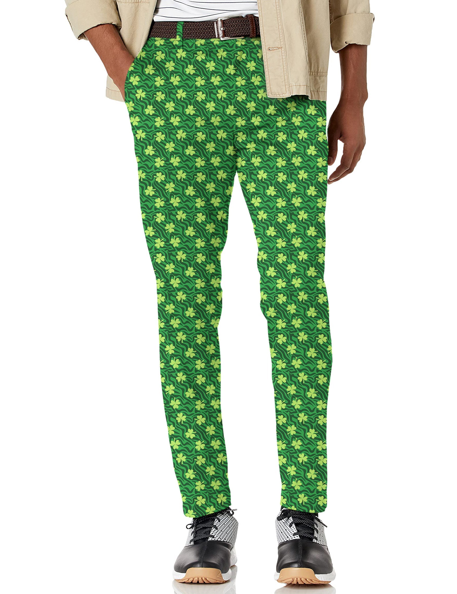Men's green stretch golf pants with leaf clover and zebra pattern for St. Patrick's Day