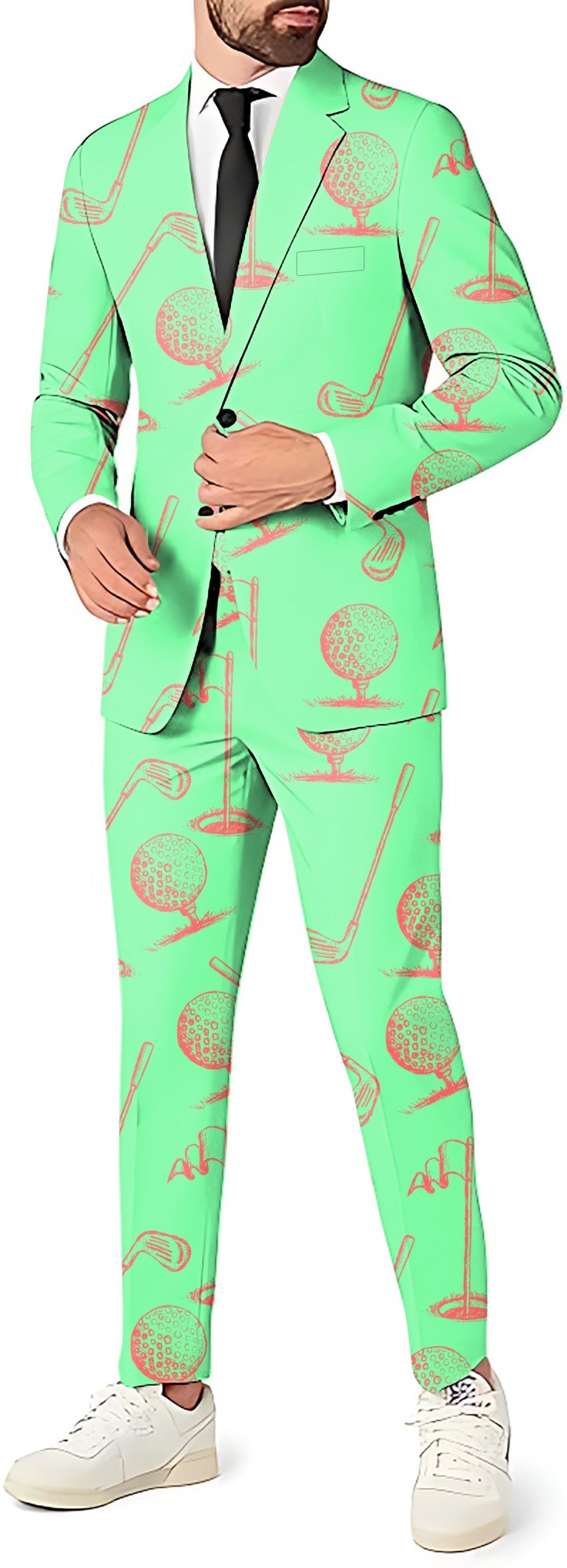 Green golf club men's slim fit blazer, pants, and vest party costume with golf-themed print