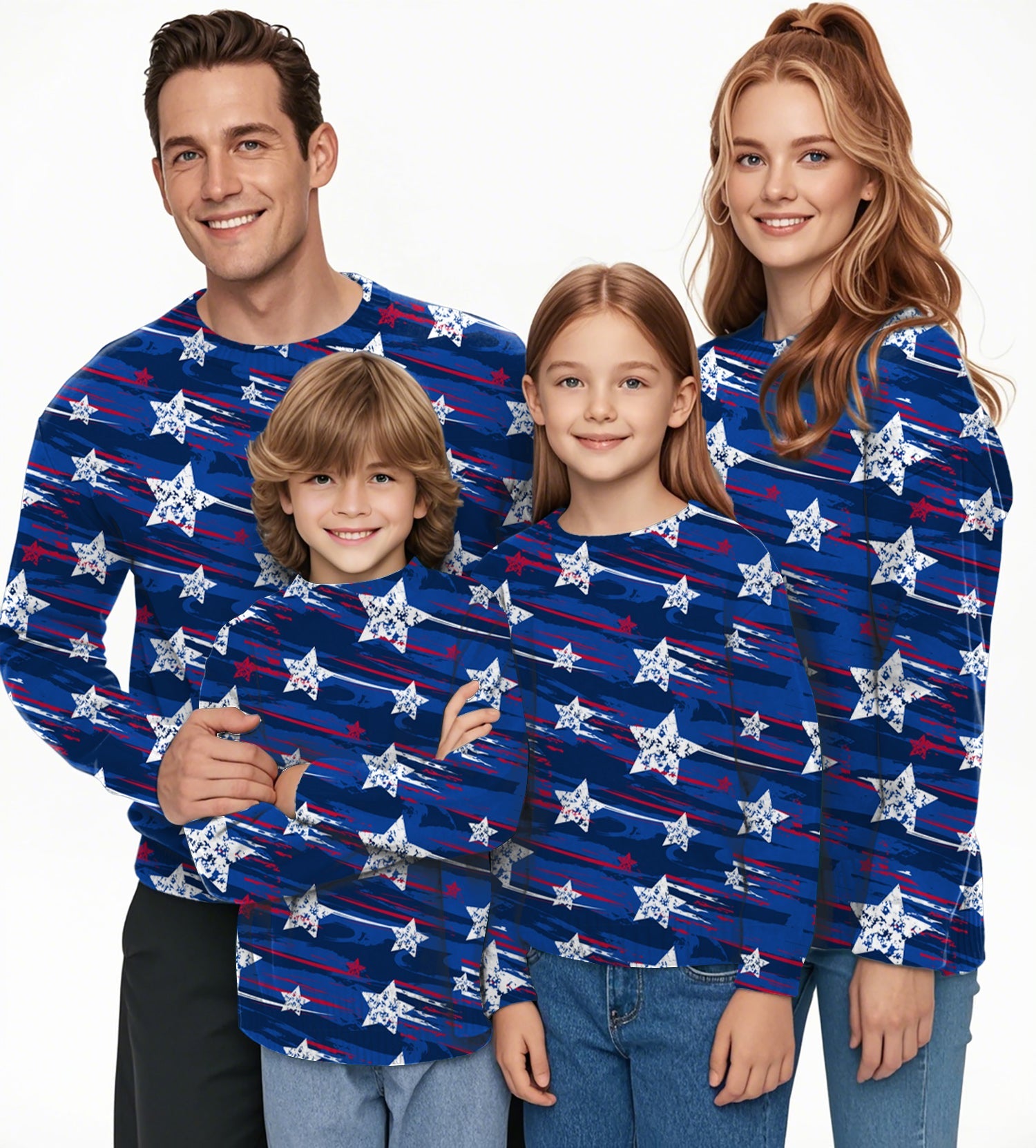 Family wearing American Star crewneck pullover ugly sweaters with blue star patterns