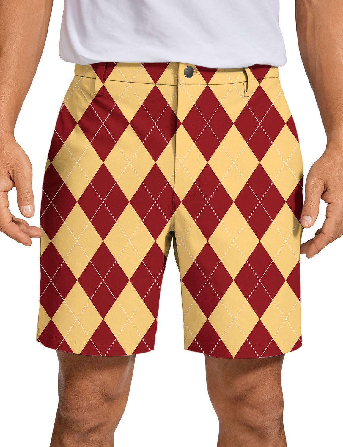 Men's yellow and red argyle pattern golf shorts made of quick-dry, breathable fabric with two-way stretch and wrinkle-free design