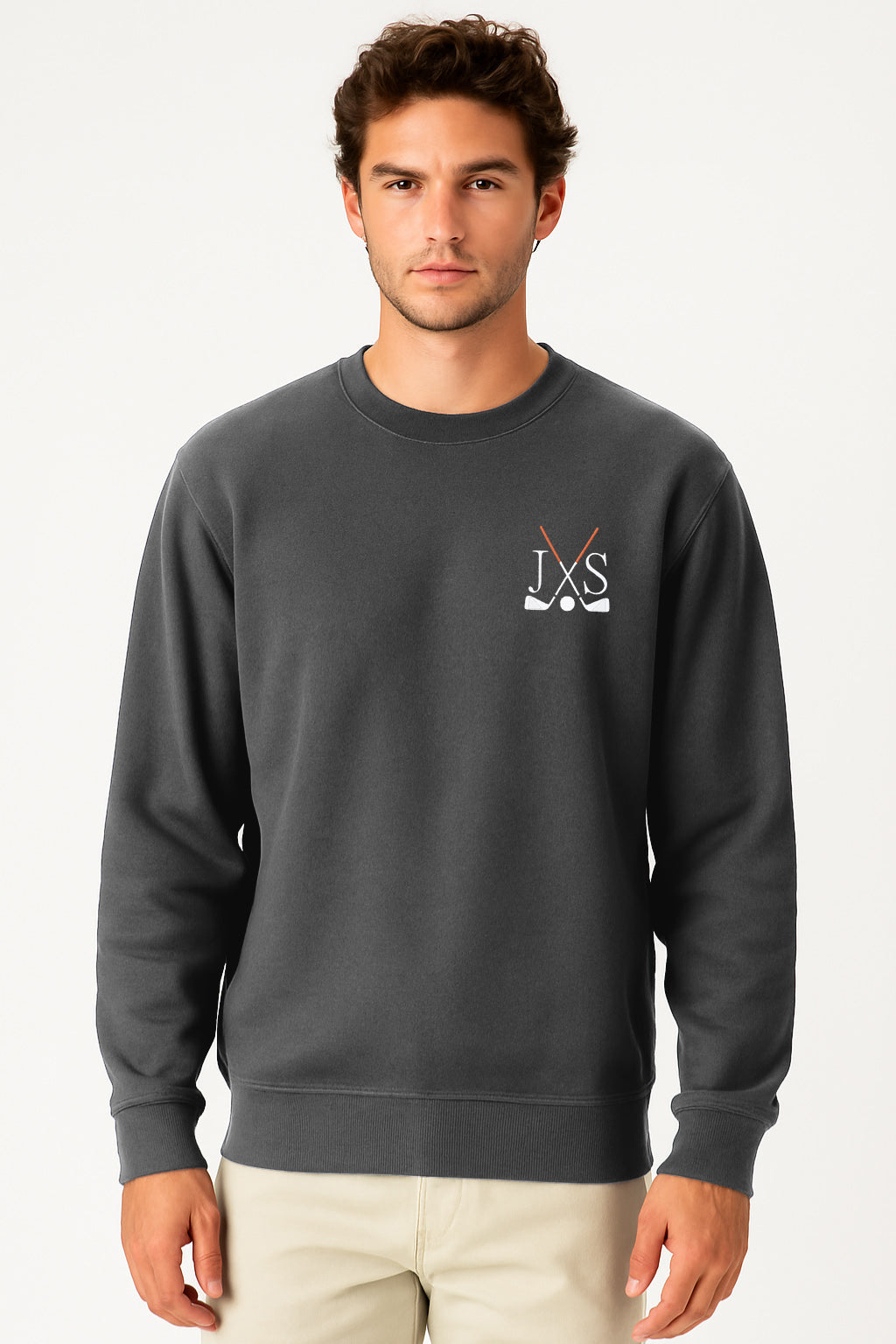 Black embroidery solid color men's crew neck sweatshirt with rib knit cuffs and hoodie