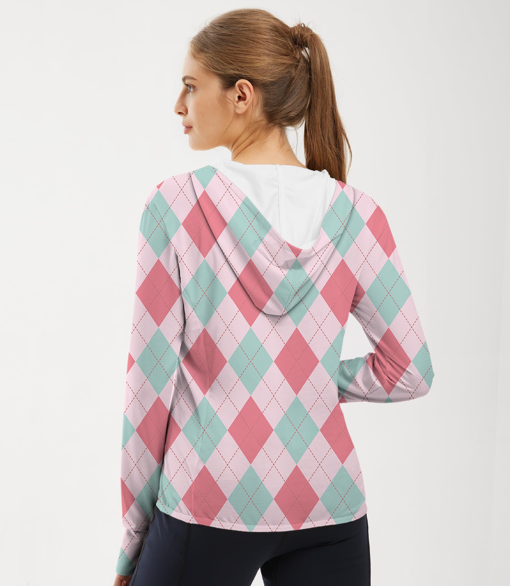 Women's outdoor pink argyle slim fit golf hoodie with UPF 50+ sun protection and moisture-wicking fabric